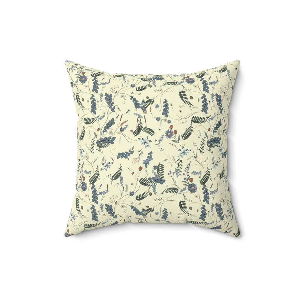 Coussin décoratif carré botanique bleu et beige en polyester filé