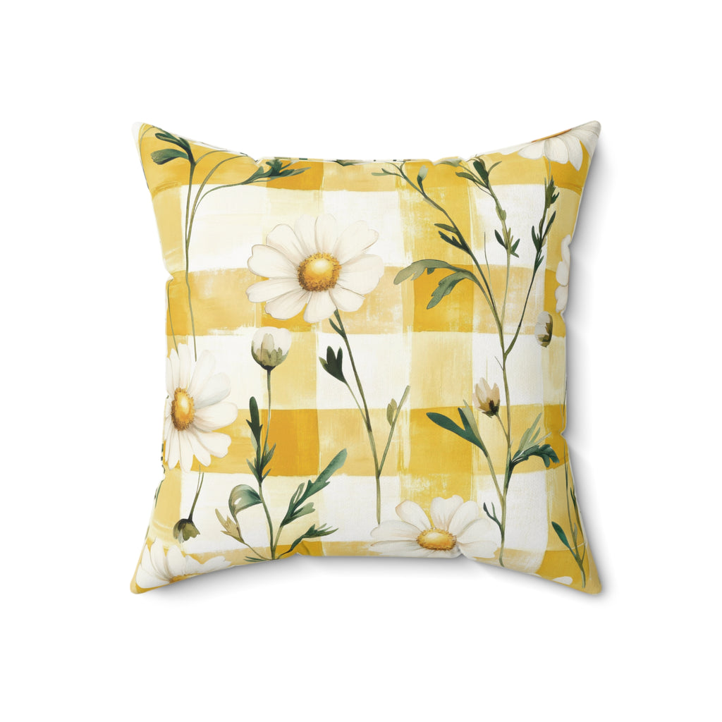 Pastel Yellow Daisy Checker Pillow — Spring Floral Decorative Pillow