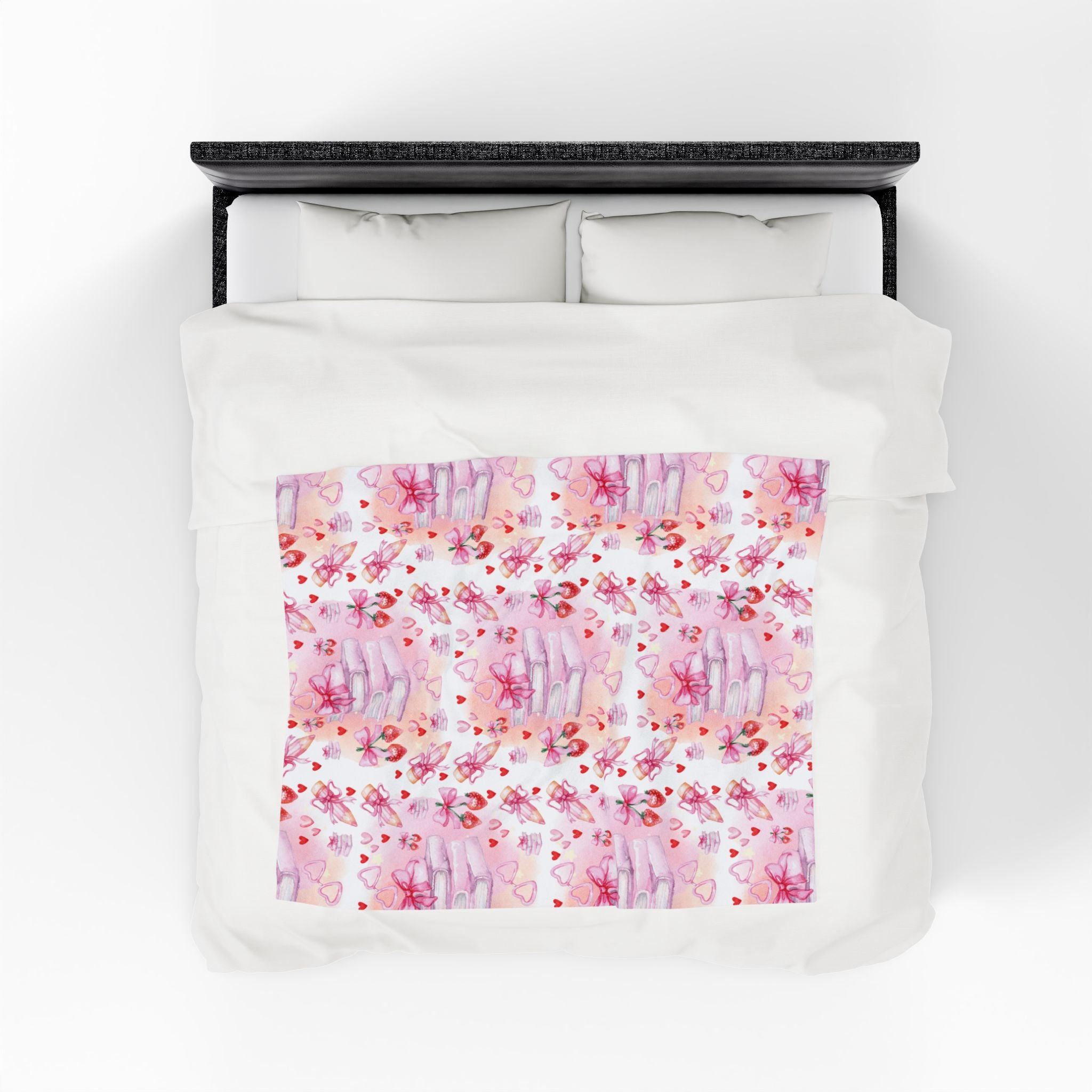 Romantic Pink Watercolor Books Bows Velveteen Plush Blanket Cozy Book Nook
