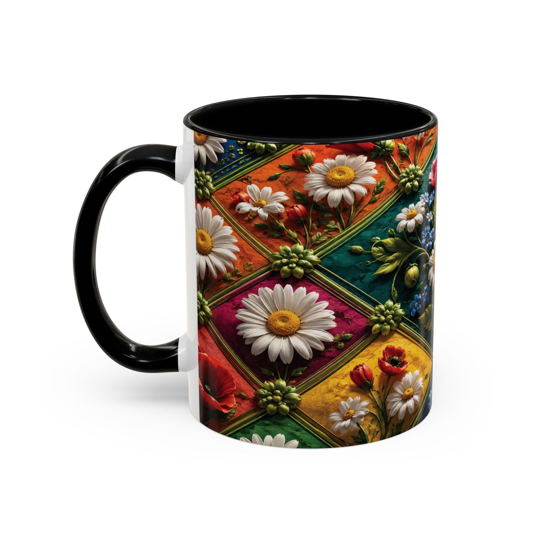 Floral Patchwork Accent Coffee Mug — Colorful Poppies & Daisies (11/15oz) 3D Illusion