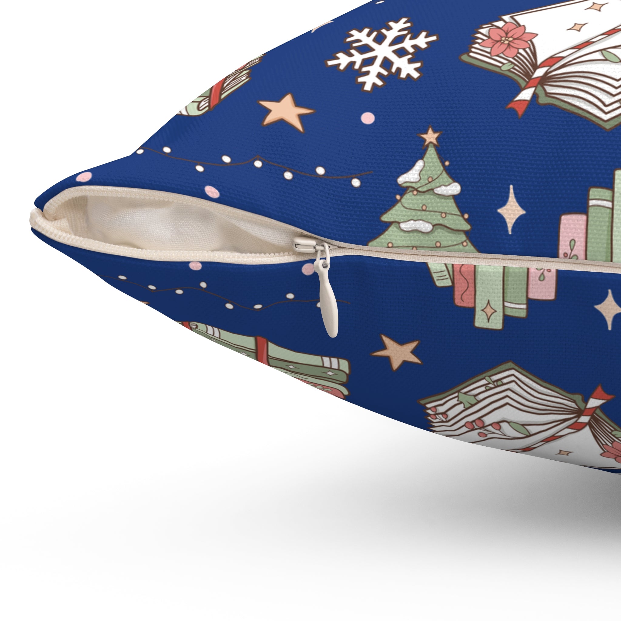 Square Pillow Royal Blue Christmas Books and Coffee Cozy