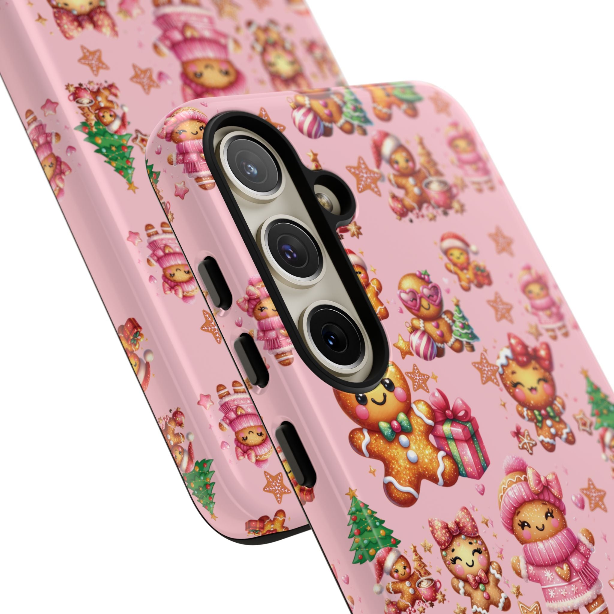 Coque de téléphone en forme de petite fille pain d'épices rose adorable, ambiance girly pour les fêtes, esthétique douce de Noël, idée cadeau mignonne et festive pour elle, housse de protection amusante