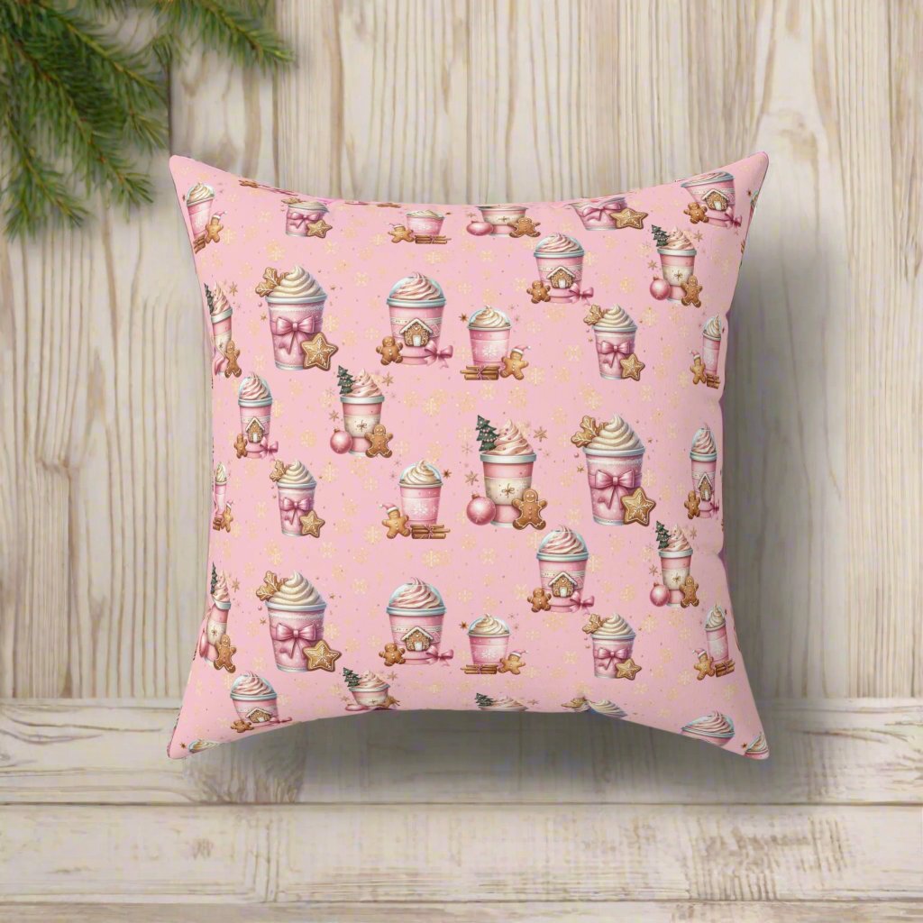 Christmas Pink Gingerbread People with Coffee Square Pillow Festive Decorative Cushion, Soft and Cozy, Perfect for Holiday Home Decor Bridal Shower - MRSBYVALLE