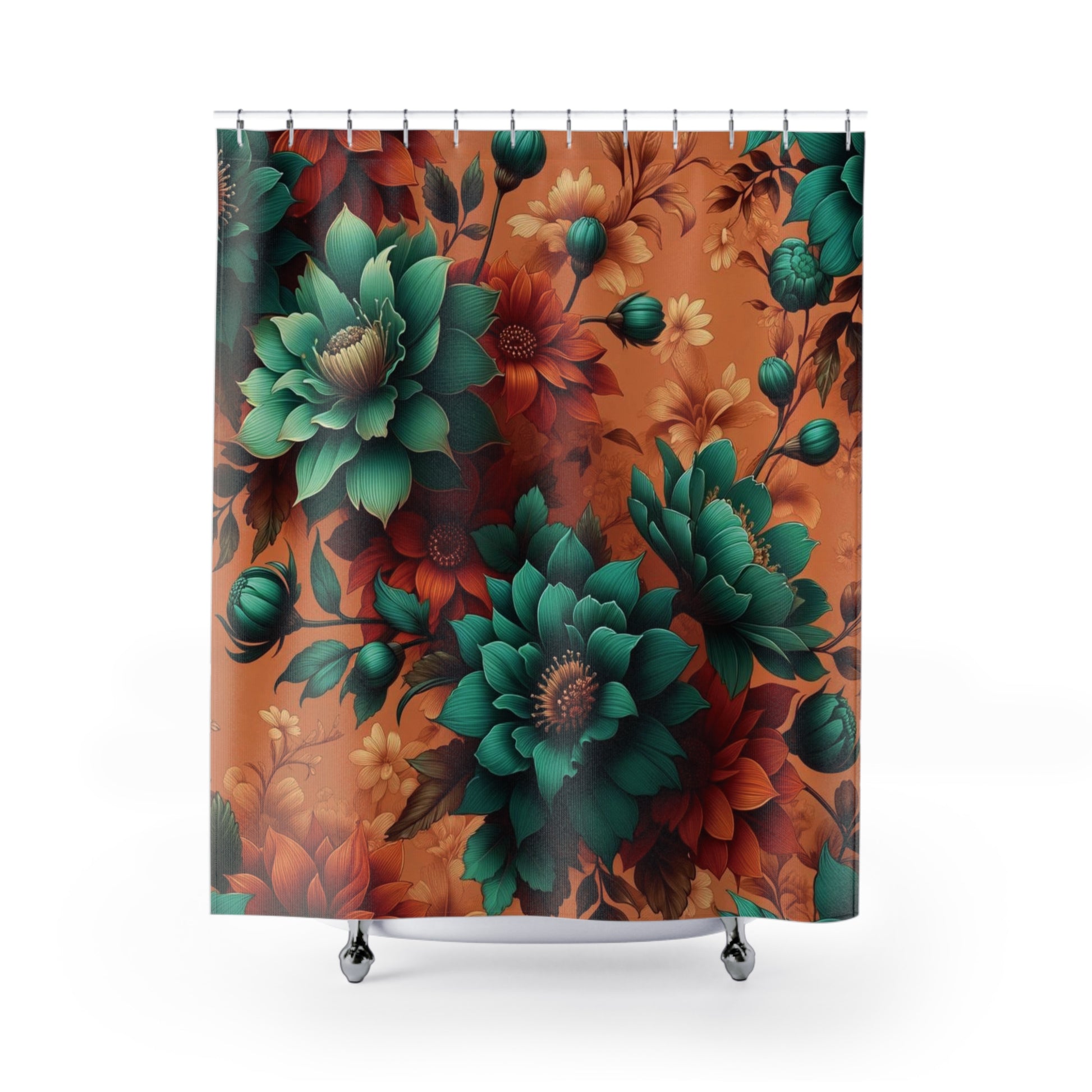 Elegant Aqua Blossom and Burnt Orange Floral Harmony Shower Curtain for Bathroom Deco Housewarming Gift New Bathroom Decor Wedding Gift for Mom Bridal Shower Gift Newlywed - MRSBYVALLE