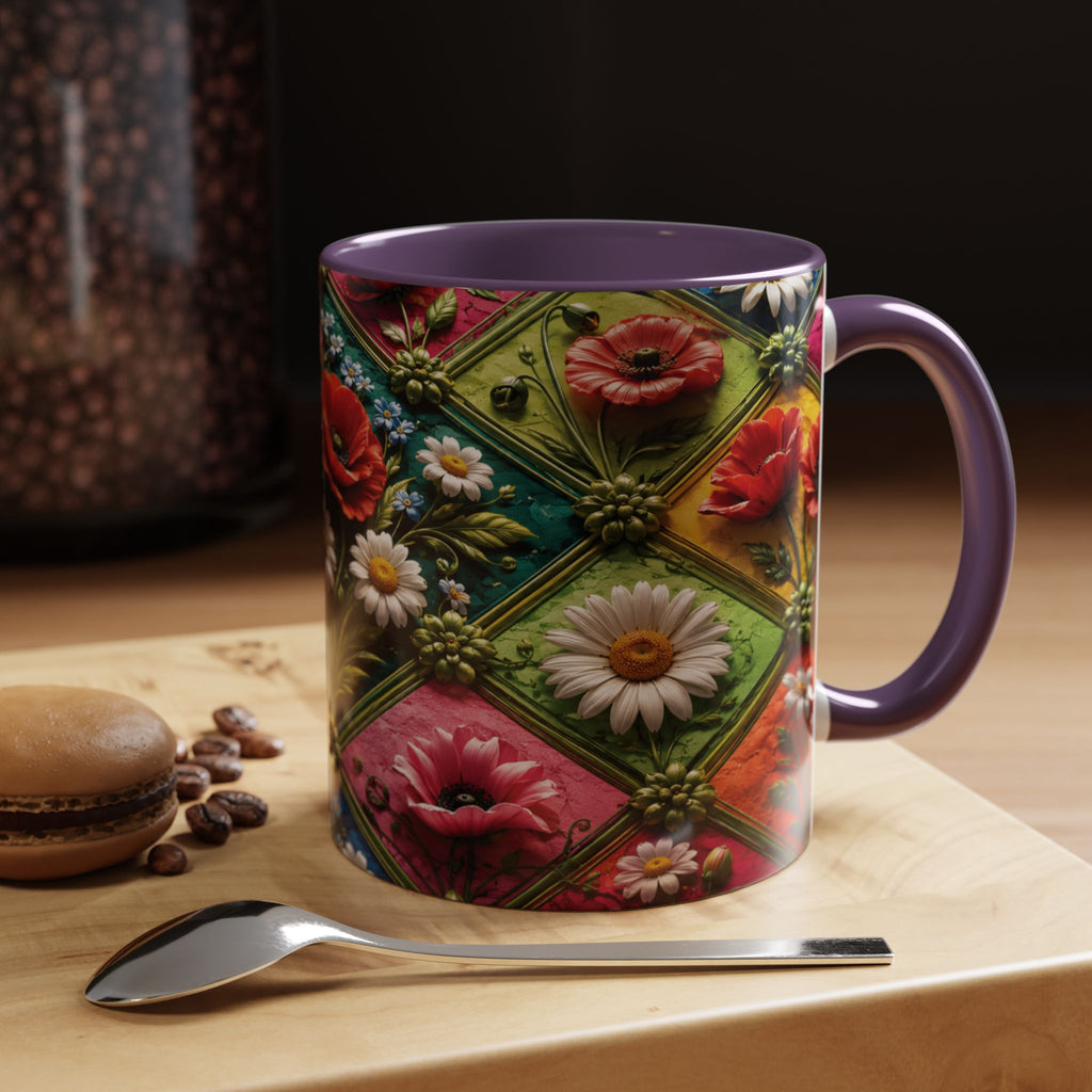 Floral Patchwork Accent Coffee Mug — Colorful Poppies & Daisies (11/15oz) 3D Illusion