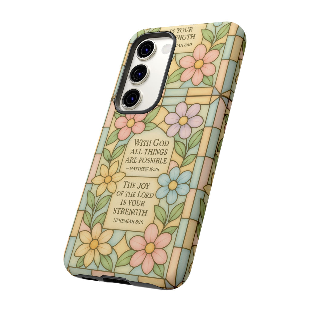 Pastel Stained Glass Bible Verse Phone Case Christian Affirmation Cover, Soft Geometric Design, iPhone Samsung Google, Faith Gift for Her Bible Verse or Affirmation | Protective, Inspirational Gift for Christians
