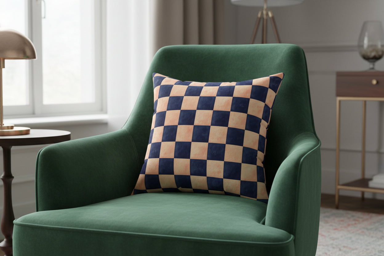 Checkered pillow with blue and beige squares on a white background