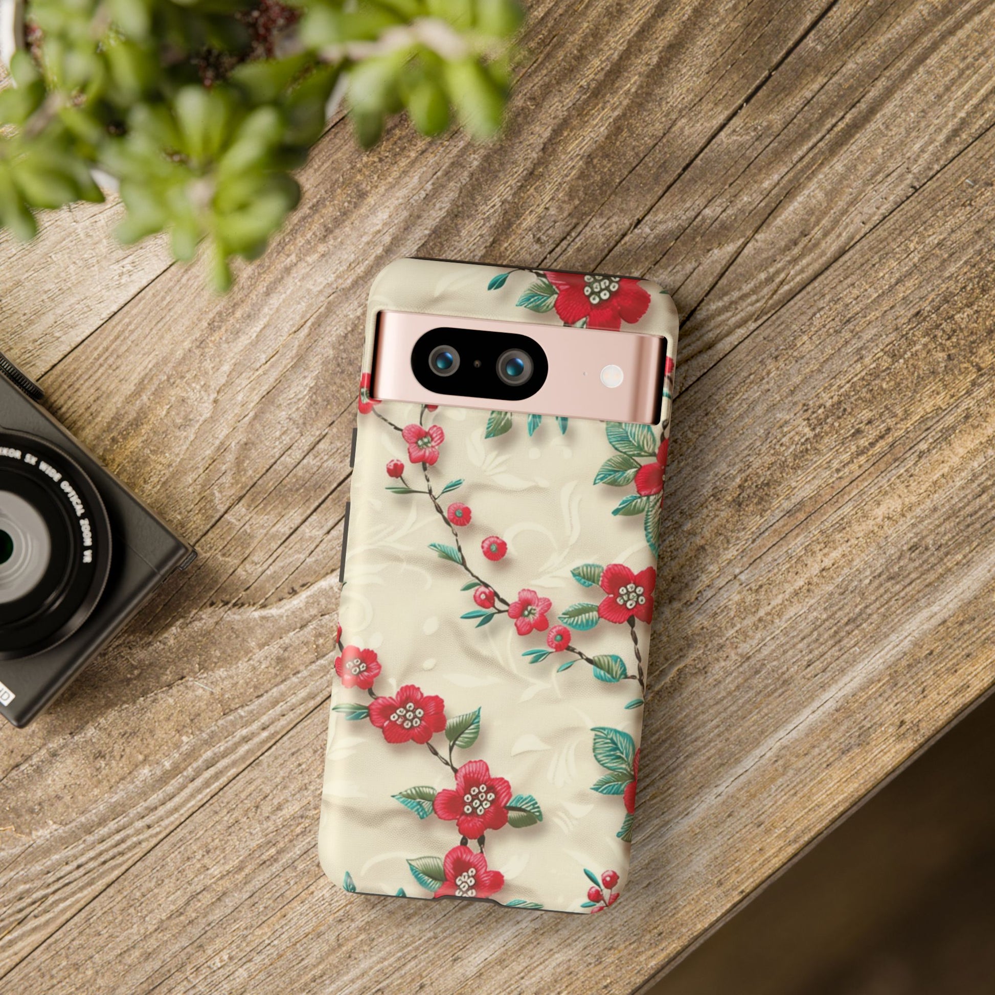 3D Embroidery Illusion Red Flowers Phone Case for iPhone, Samsung Pixel Artistic Floral Protection 15 14 13 12, 21 23 Gift for Her Perfect for Floral Lover