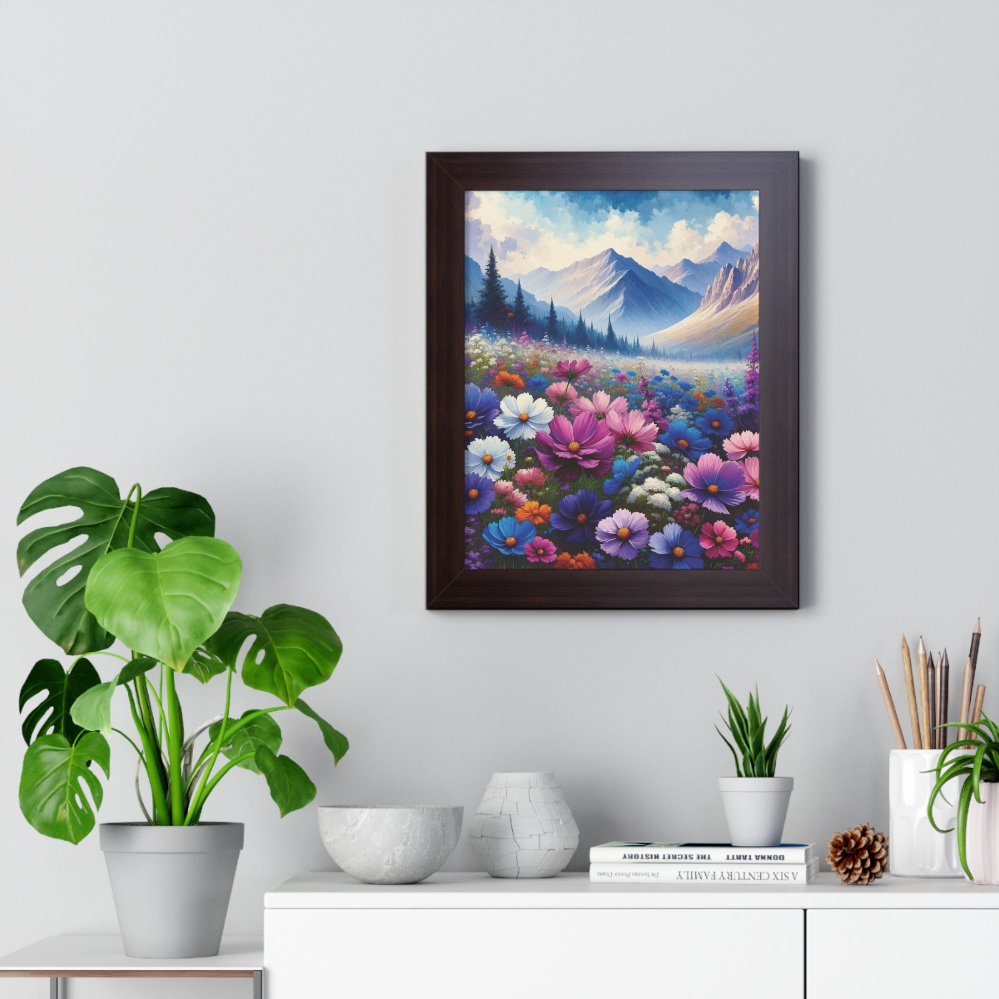 Wall Art Beautiful Wildflowers and Mountains Wildflower Art Watercolor Floral Framed Canvas Print Wall Art  Classic Encased in Black, White, or Walnut Frames with Durable Acrylic Protection Ready to Hang  Timelessly Crafted..