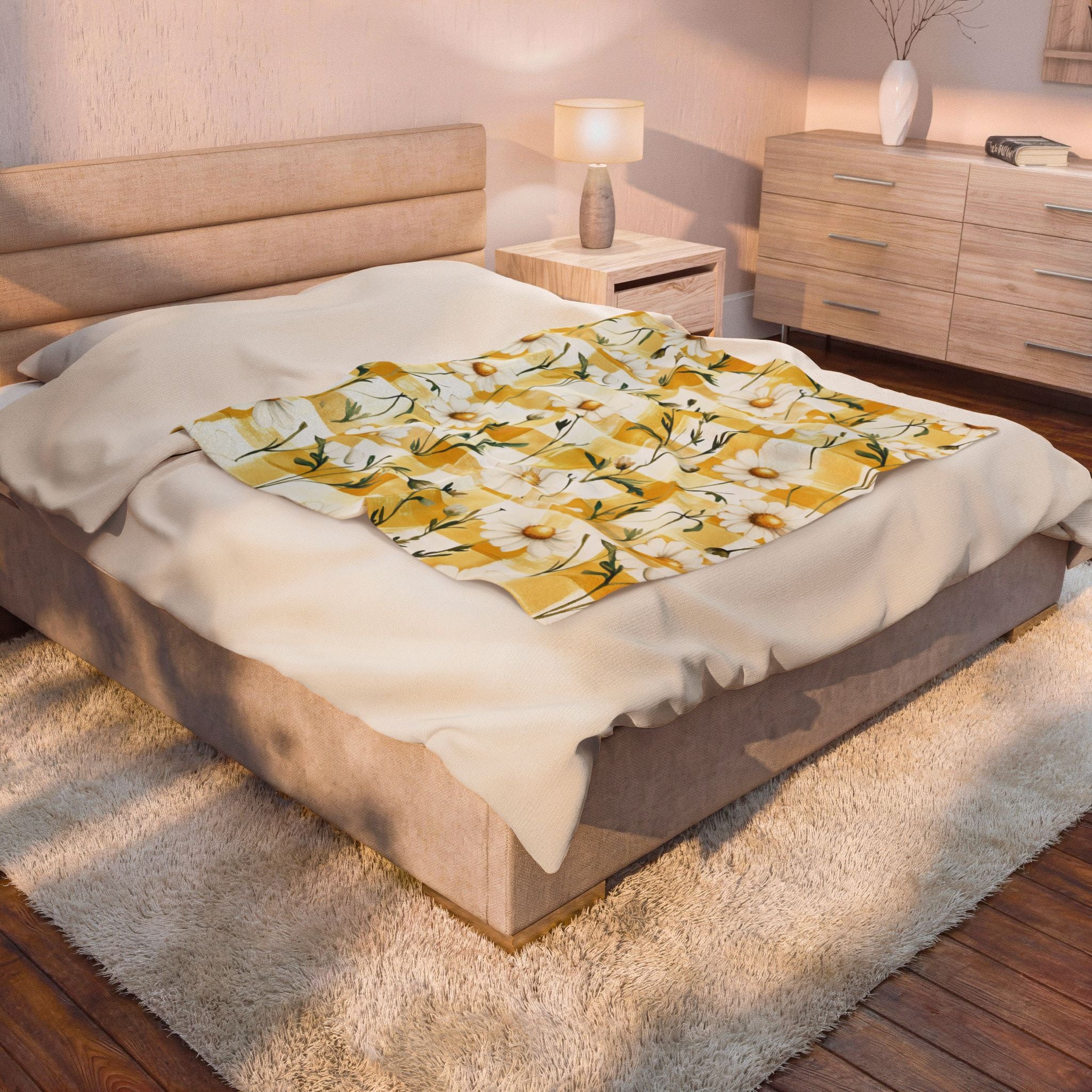 Pastel Yellow Daisy Checker Velveteen Plush Blanket — Spring Floral Cozy Throw