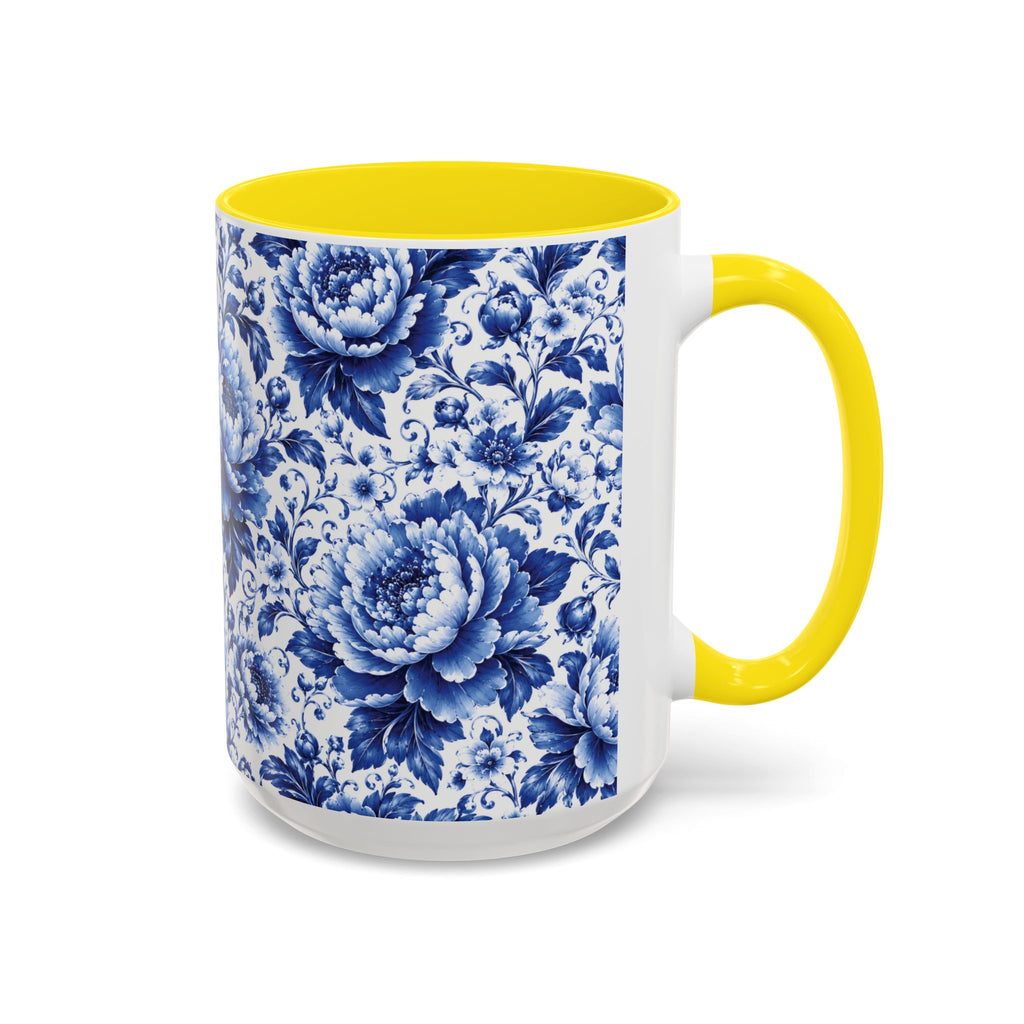 Blue Floral Ceramic Coffee Mug — Vintage Delft Peony Accent (11oz & 15oz) Blue & White Chinoiserie Tea Mug
