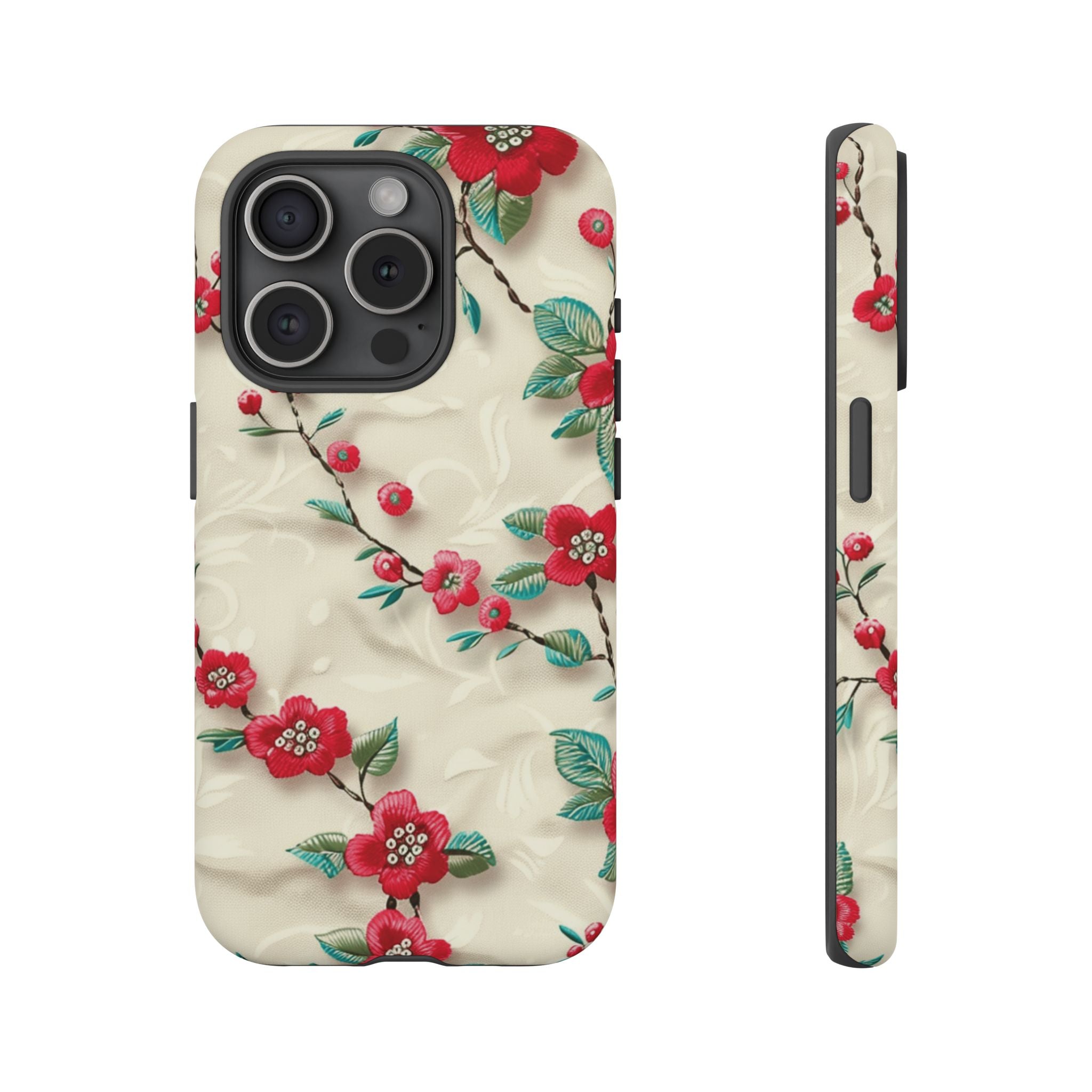 3D Embroidery Illusion Red Flowers Phone Case for iPhone, Samsung Pixel Artistic Floral Protection 15 14 13 12, 21 23 Gift for Her Perfect for Floral Lover