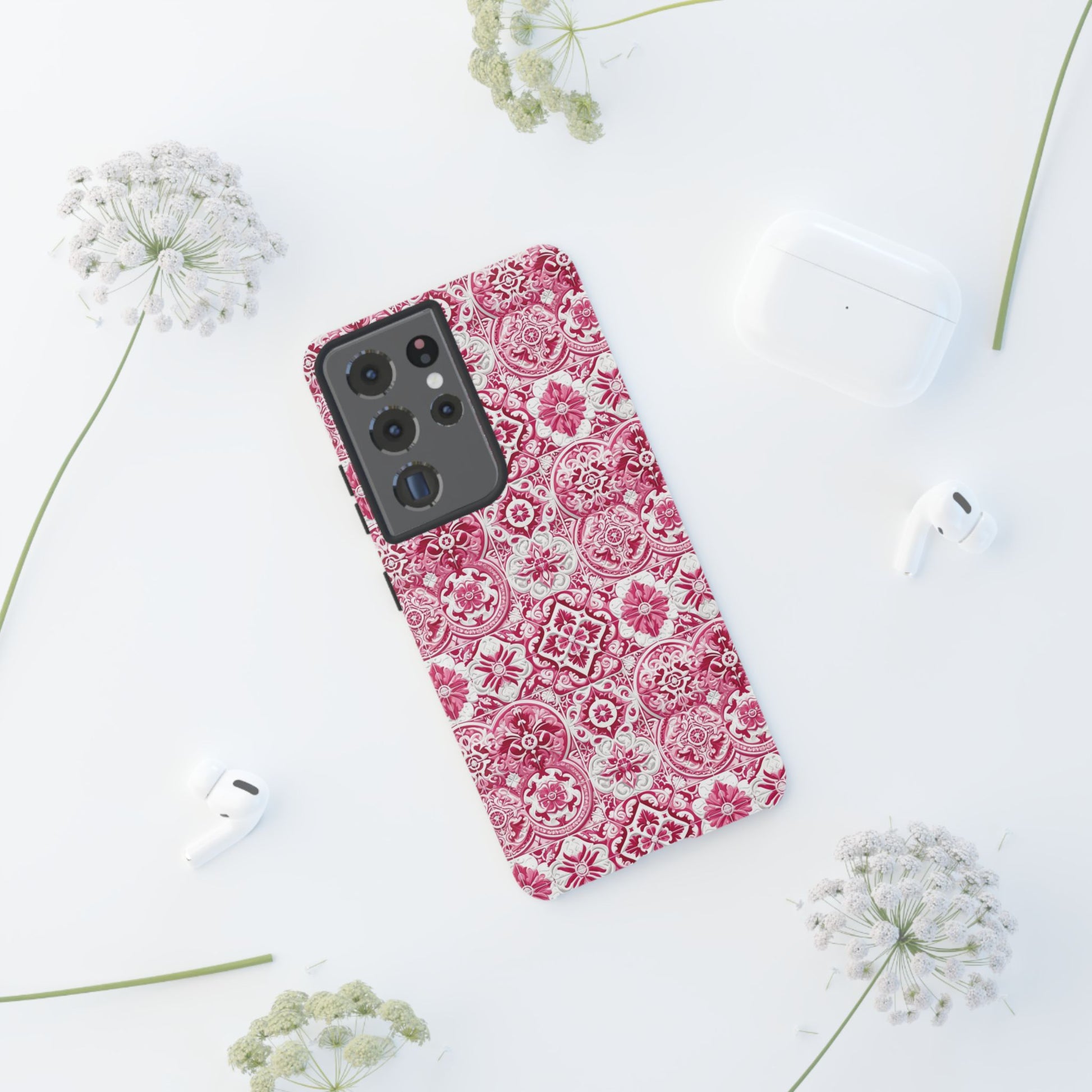 Pink and White Mediterranean Tile Design Phone Case - Stylish, Protective Cover for All Models Gift for Mom Accessory Gift for Her