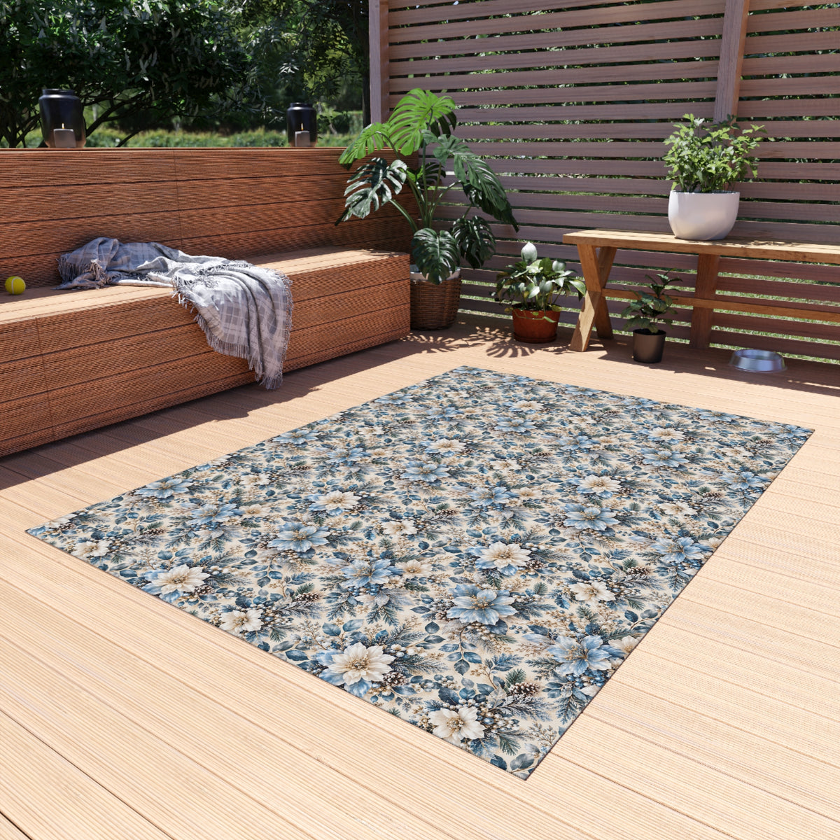 Icy Blue Floral Outdoor Patio Rug