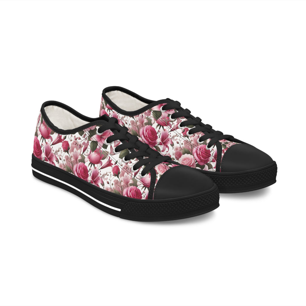 Floral Pink Women's Low Top Sneakers Breathable Polyester Canvas, Lightweight Stylish Floral Pastel Design, Comfortable All-Day Wear, Perfect for Walking and Everyday Activities - MRSBYVALLE
