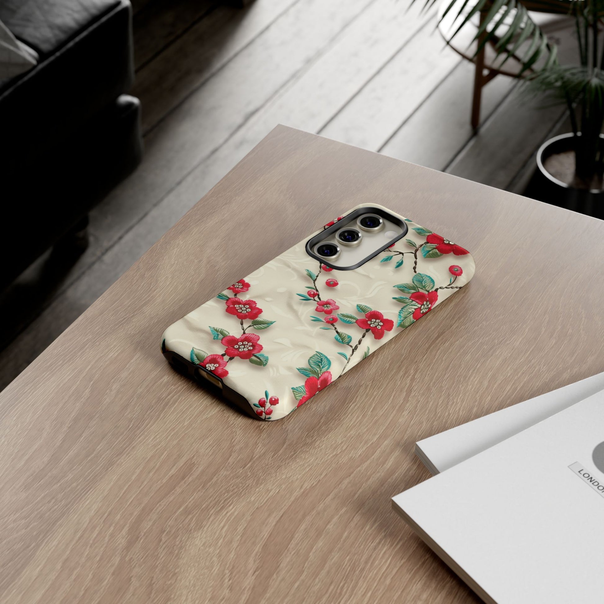 3D Embroidery Illusion Red Flowers Phone Case for iPhone, Samsung Pixel Artistic Floral Protection 15 14 13 12, 21 23 Gift for Her Perfect for Floral Lover