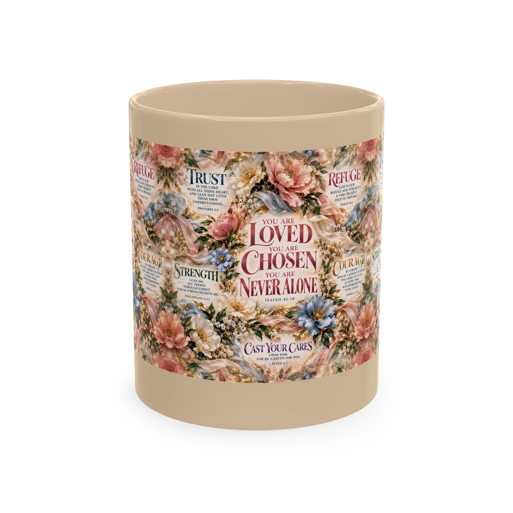 Loved Chosen Never Alone Coffee Mug | Christian Encouragement Gift for Her | Faith Floral Cup