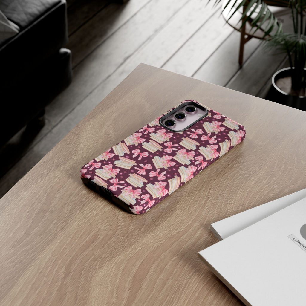 Coquette Pink Bows & Books Phone Case for iPhone 16 15 14 13 12  21 23 Samsung, and Pixel | Stylish Protective Cover Gift for Her Perfect for Floral Lover