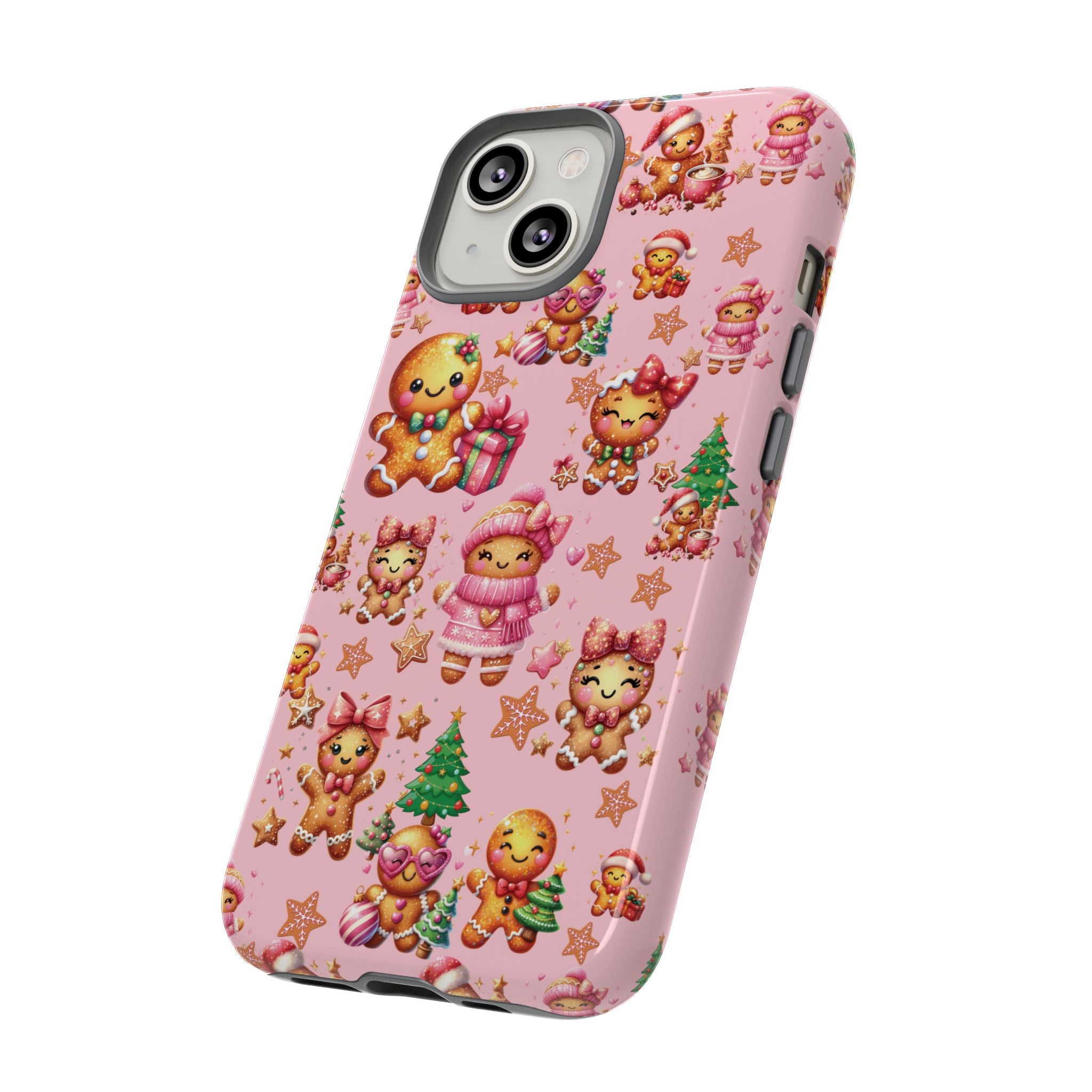 Coque de téléphone en forme de petite fille pain d'épices rose adorable, ambiance girly pour les fêtes, esthétique douce de Noël, idée cadeau mignonne et festive pour elle, housse de protection amusante