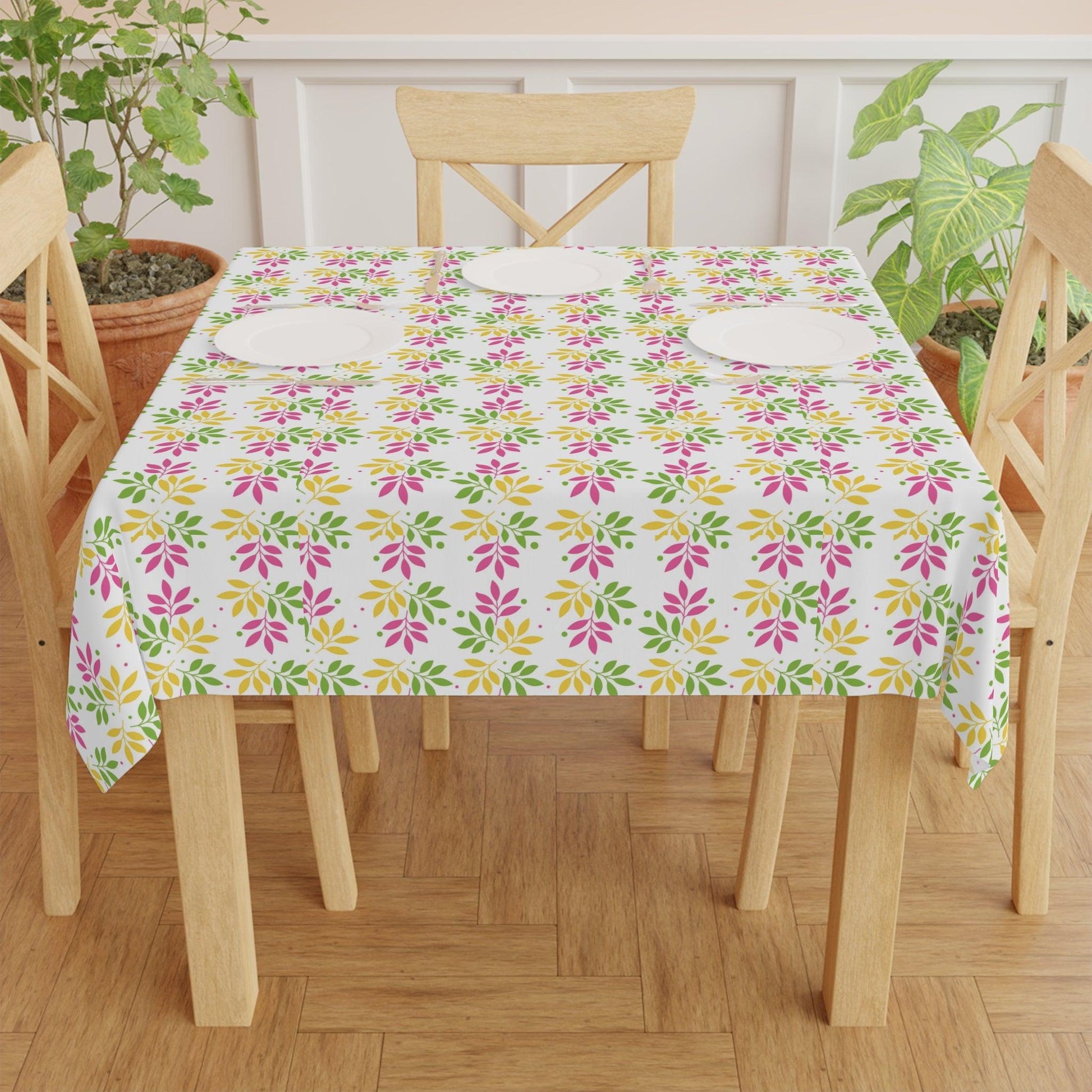 Boho Chic Pink, Mint Green & Yellow Leaf Pattern Tablecloth Perfect for Adding a Botanical Touch to Any Dining Room, Kitchen Table or Outdoor Setting for Home, Weddings, Birthdays all Events Durable & Stylish for All Occasions - MRSBYVALLE