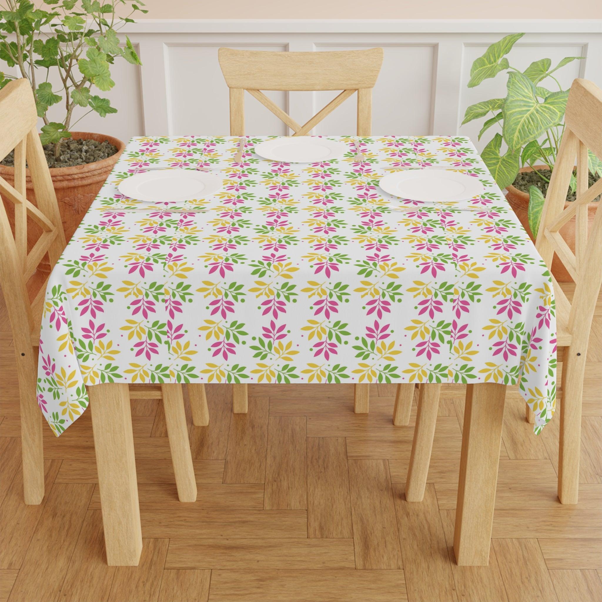 Boho Chic Pink, Mint Green & Yellow Leaf Pattern Tablecloth Perfect for Adding a Botanical Touch to Any Dining Room, Kitchen Table or Outdoor Setting for Home, Weddings, Birthdays all Events Durable & Stylish for All Occasions - MRSBYVALLE