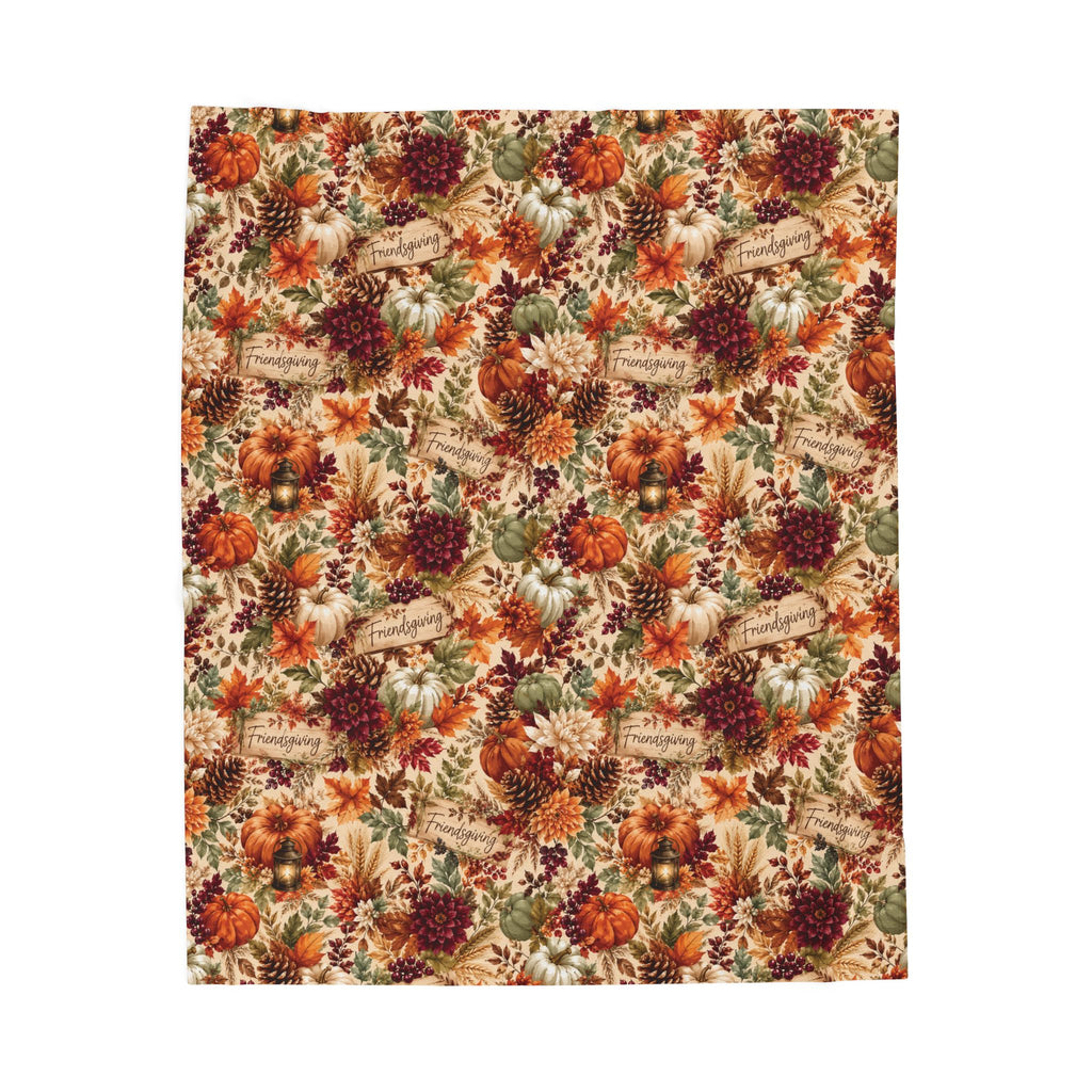 Autumn Harvest Floral Velveteen Plush Blanket | Fall Leaves Pumpkins Mum Pattern