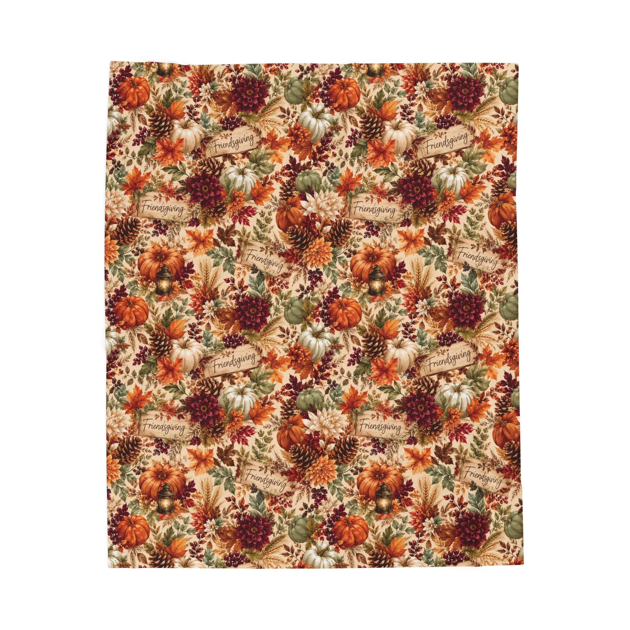 Autumn Harvest Floral Velveteen Plush Blanket | Fall Leaves Pumpkins Mum Pattern