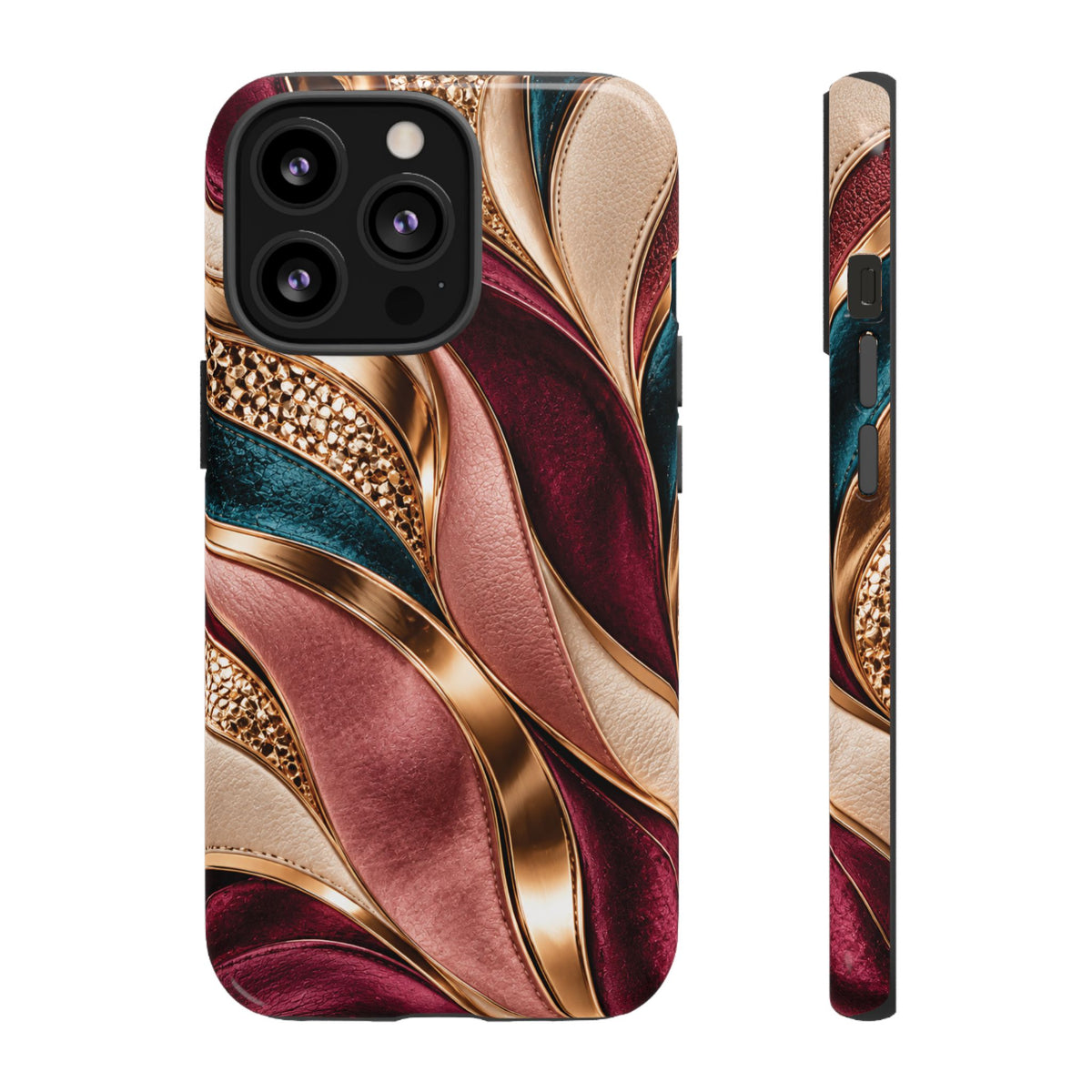 Lux Marble Waves Phone Case Metallic Burgundy, Teal Gold Protective Cover iPhone 18