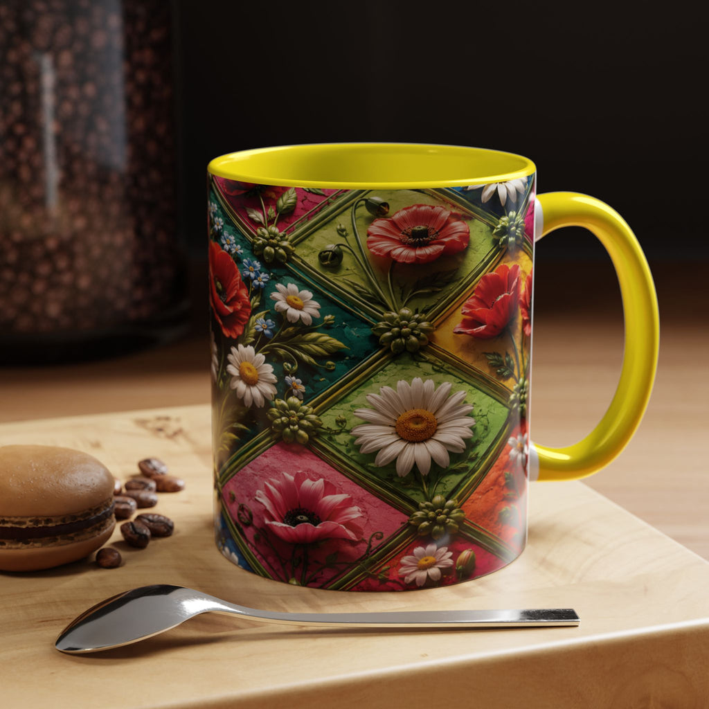 Floral Patchwork Accent Coffee Mug — Colorful Poppies & Daisies (11/15oz) 3D Illusion