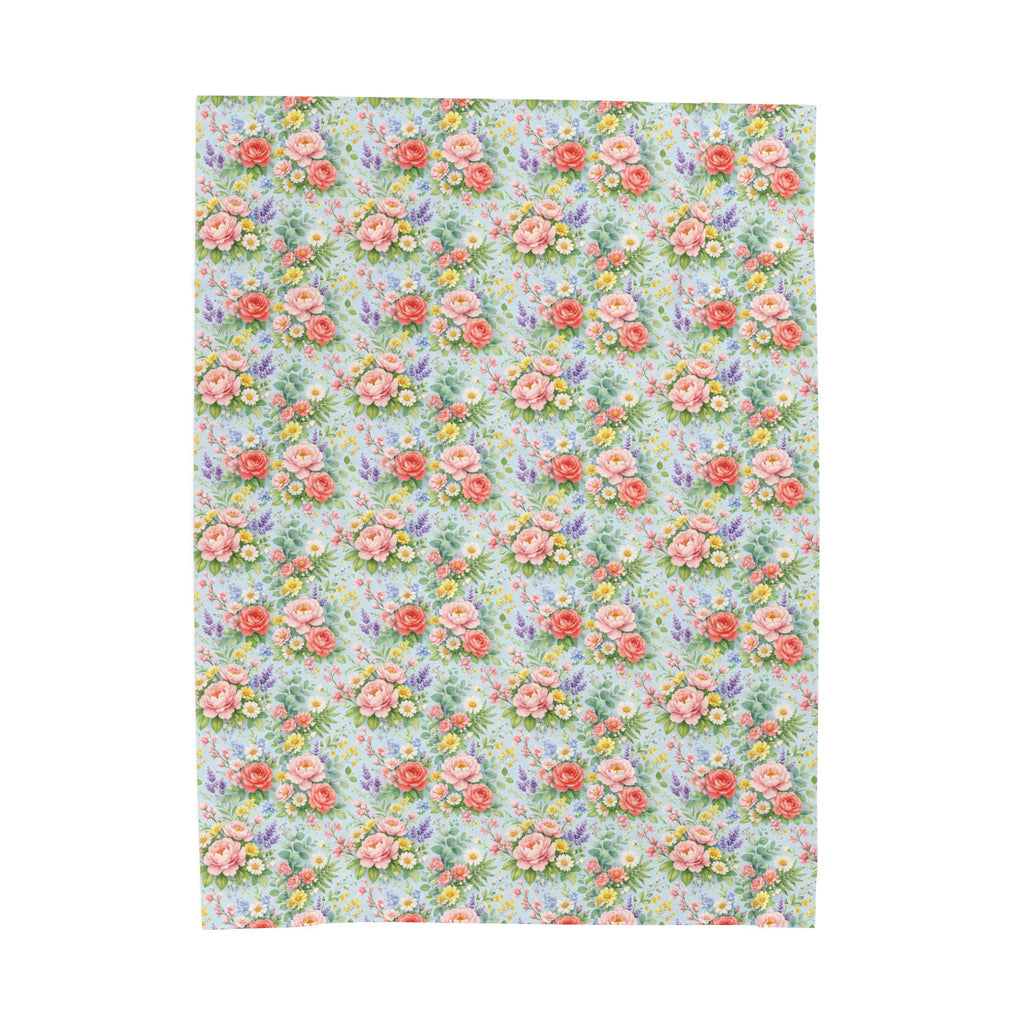 Icy Blue Watercolor Floral Velveteen Plush Blanket — Soft Floral Throw for Cozy Home & Gift