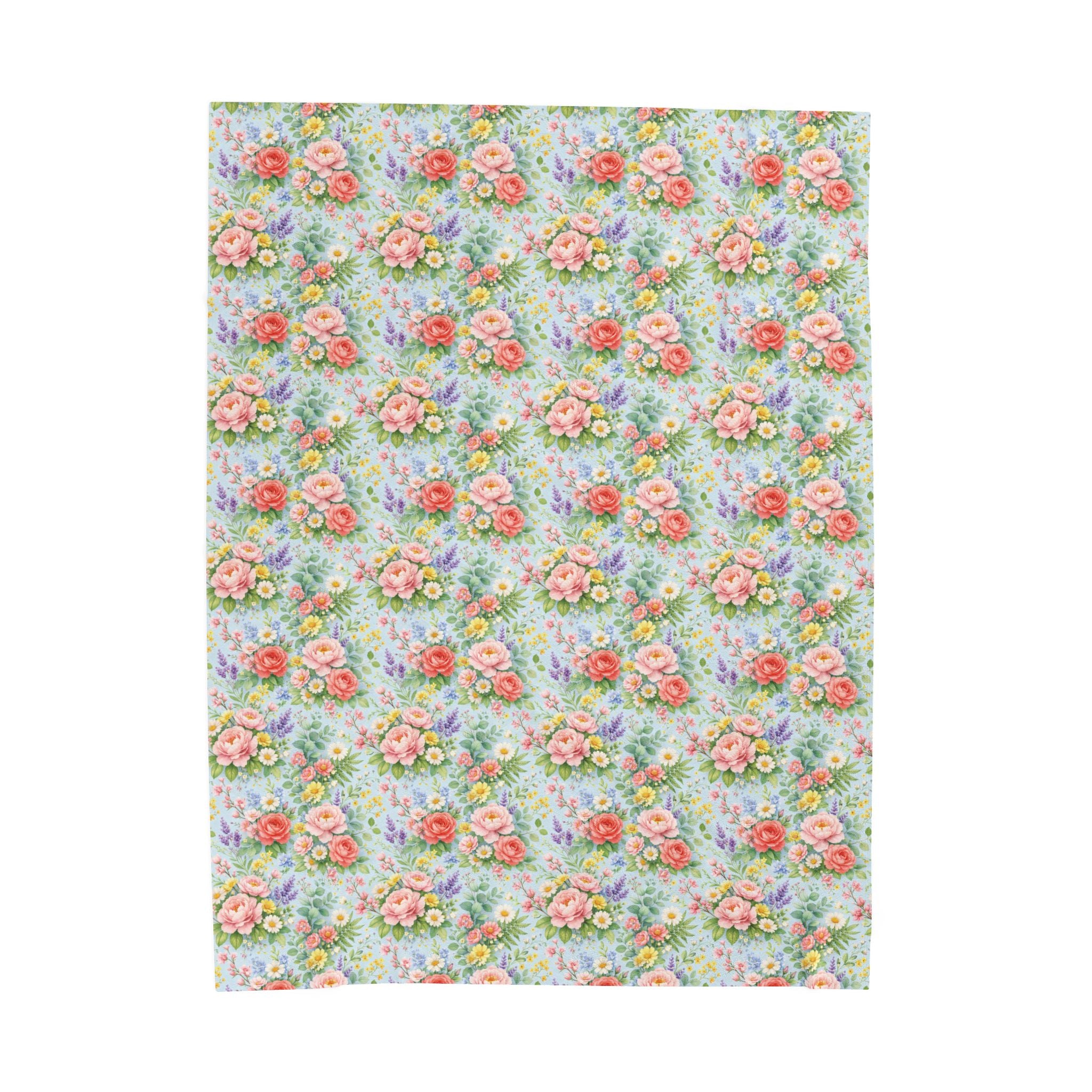 Icy Blue Watercolor Floral Velveteen Plush Blanket — Soft Floral Throw for Cozy Home & Gift