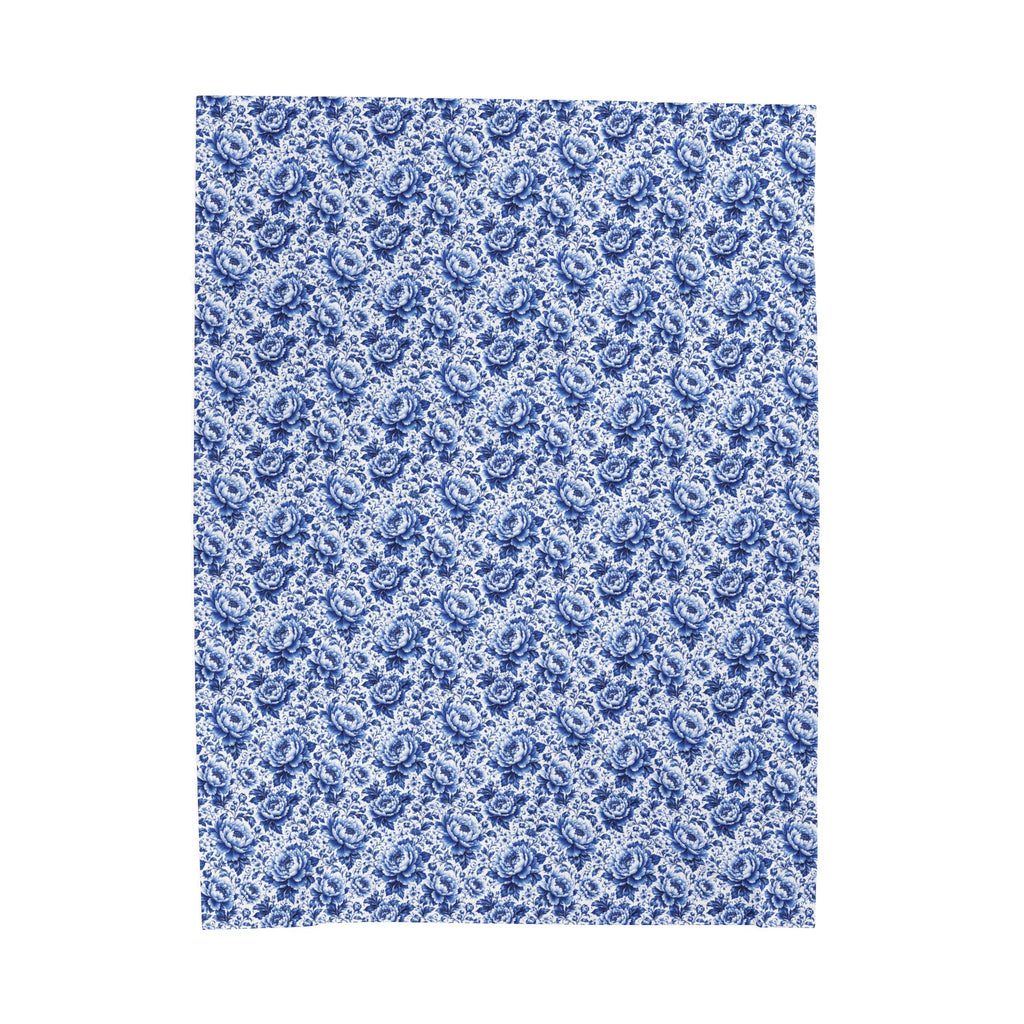 Blue Floral Velveteen Plush Blanket Soft Vintage Rose Throw Blue & White Chinoiserie Peony Elegant Floral Throw