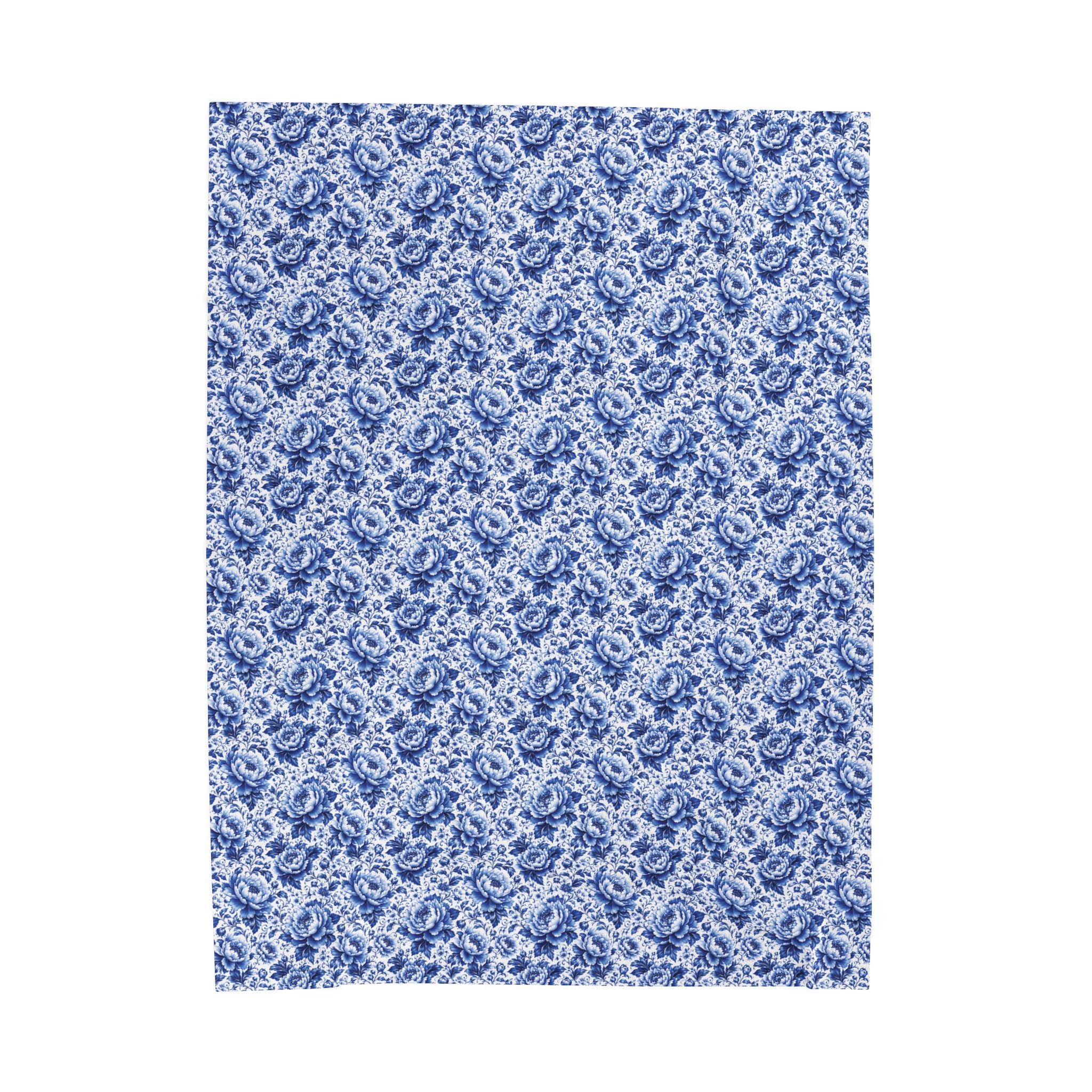 Blue Floral Velveteen Plush Blanket Soft Vintage Rose Throw Blue & White Chinoiserie Peony Elegant Floral Throw