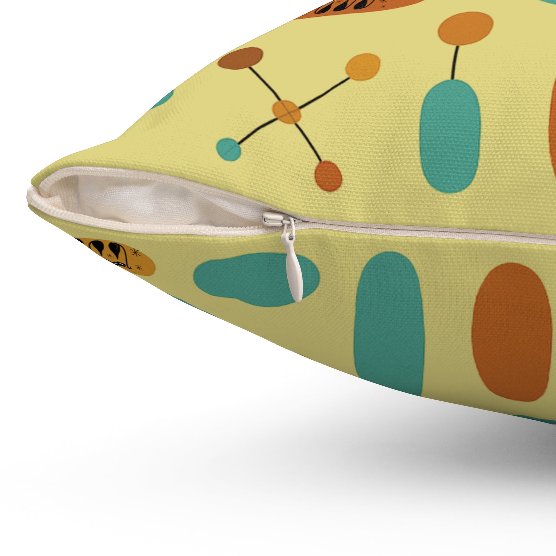 Atomic Cat Throw Pillow, Mid Century Modern Yellow Cushion, Retro Kitty Accent Pillow, Pastel Coquette Bow, Vintage Home Decor, Reading Nook