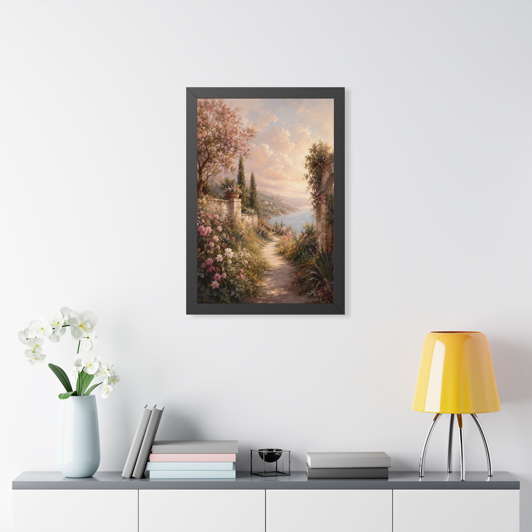 Mediterranean Garden Path Framed Vertical Poster | Coastal Landscape Wall Art