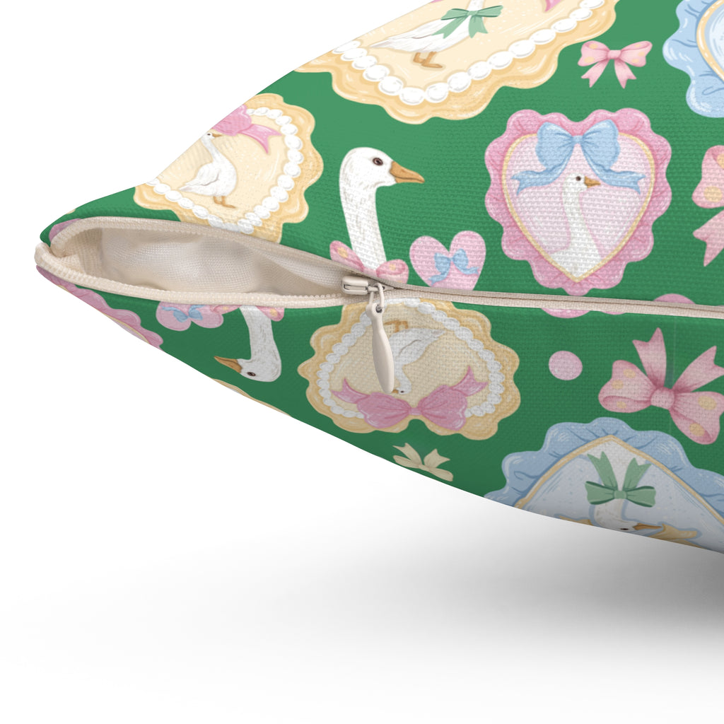 Whimsical Silly Goose Green Pillow with Pastel Bows & Hearts – Bedroom & Living Room Decor