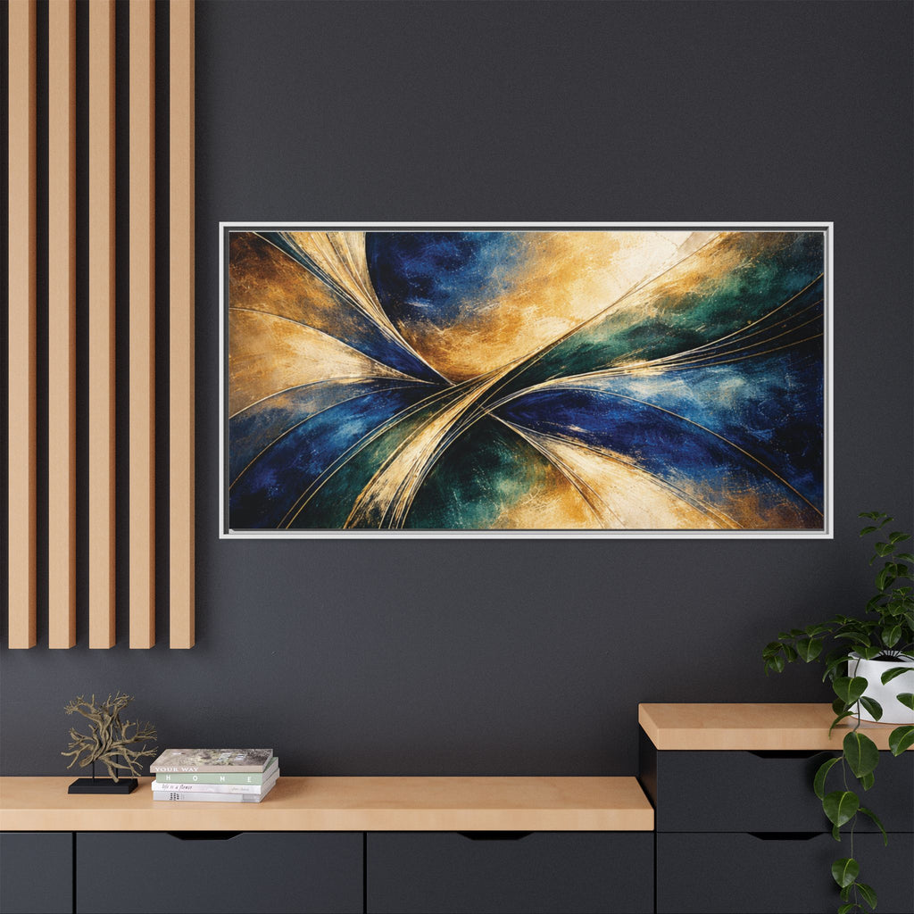 Gilded Convergence  Luxe NeoDeco Blue & Gold Abstract Wall Art Framed