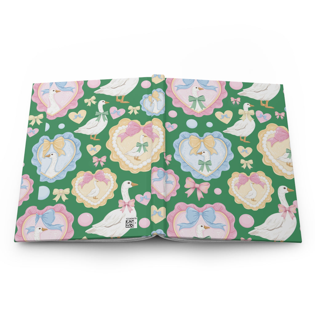 Silly Goose Green Hardcover Journal with Pastel Bows & Hearts  Whimsical Writing Notebook Perfect for Gift