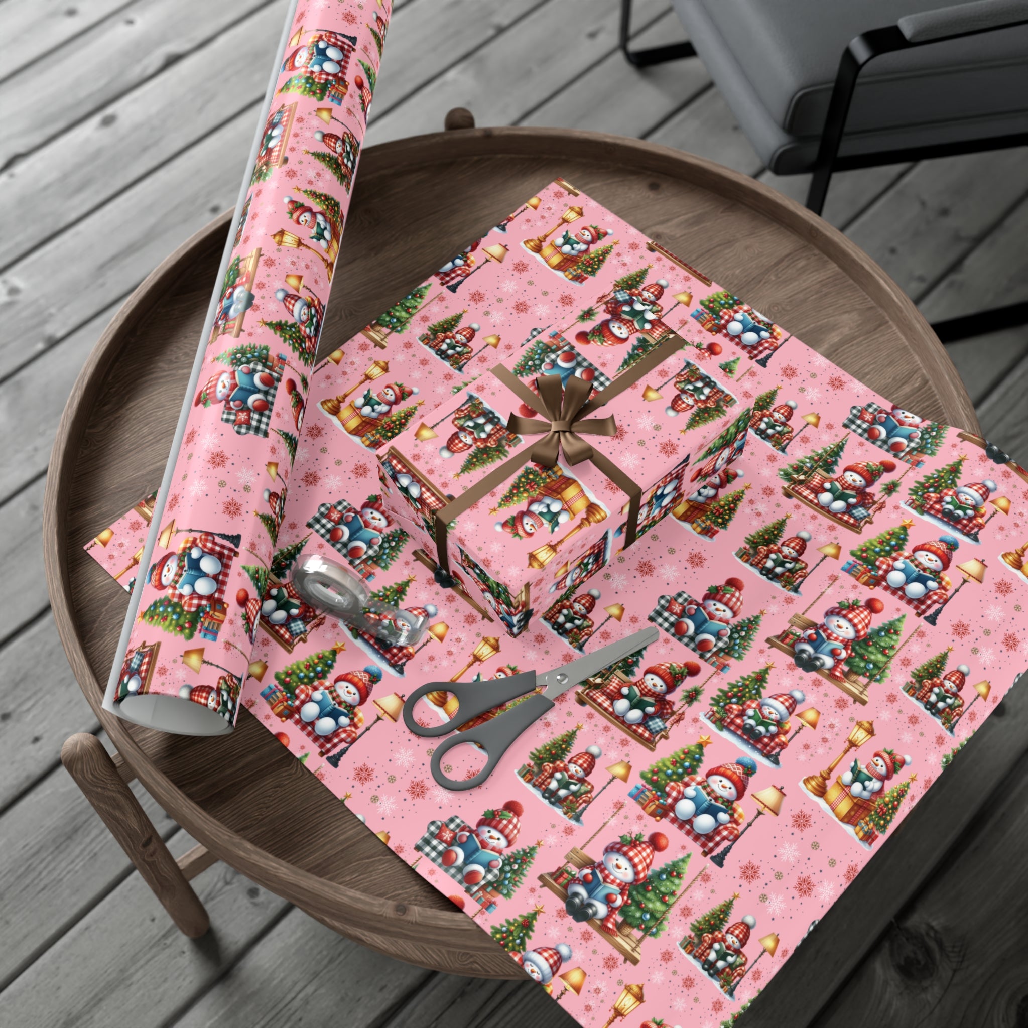 Pink Christmas Snowman Wrapping Paper with Adorable Pink Bows Perfect for Whimsical Christmas Gift Wrap | Festive Holiday Present Wrapping Sheets - MRSBYVALLE