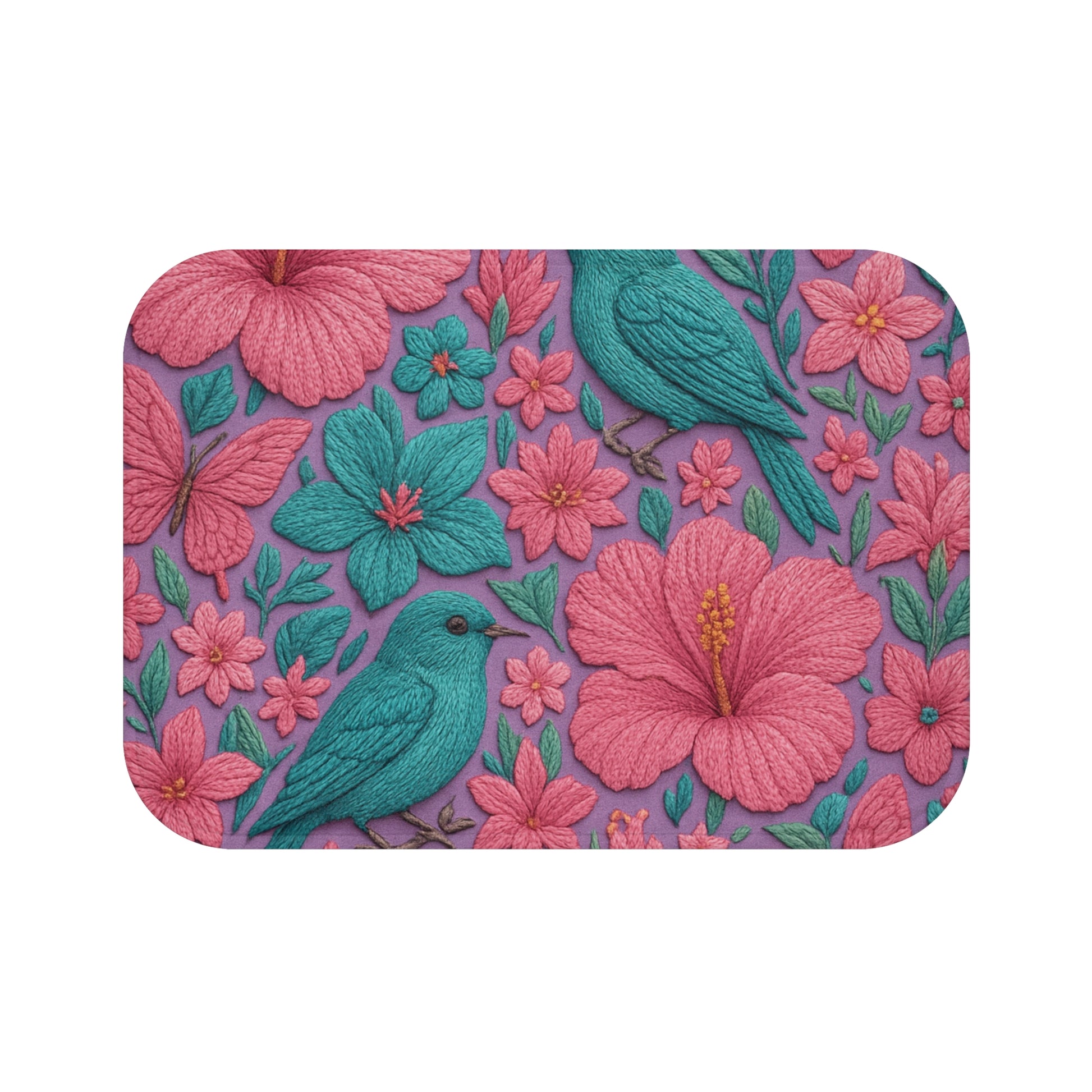Turquoise, Pink & Lavender 3D Embroidery Illusion Bathmat Tropical Floral Print with Birds & Butterflies for a Bold, Elegant Bathroom Upgrade Comfort Home