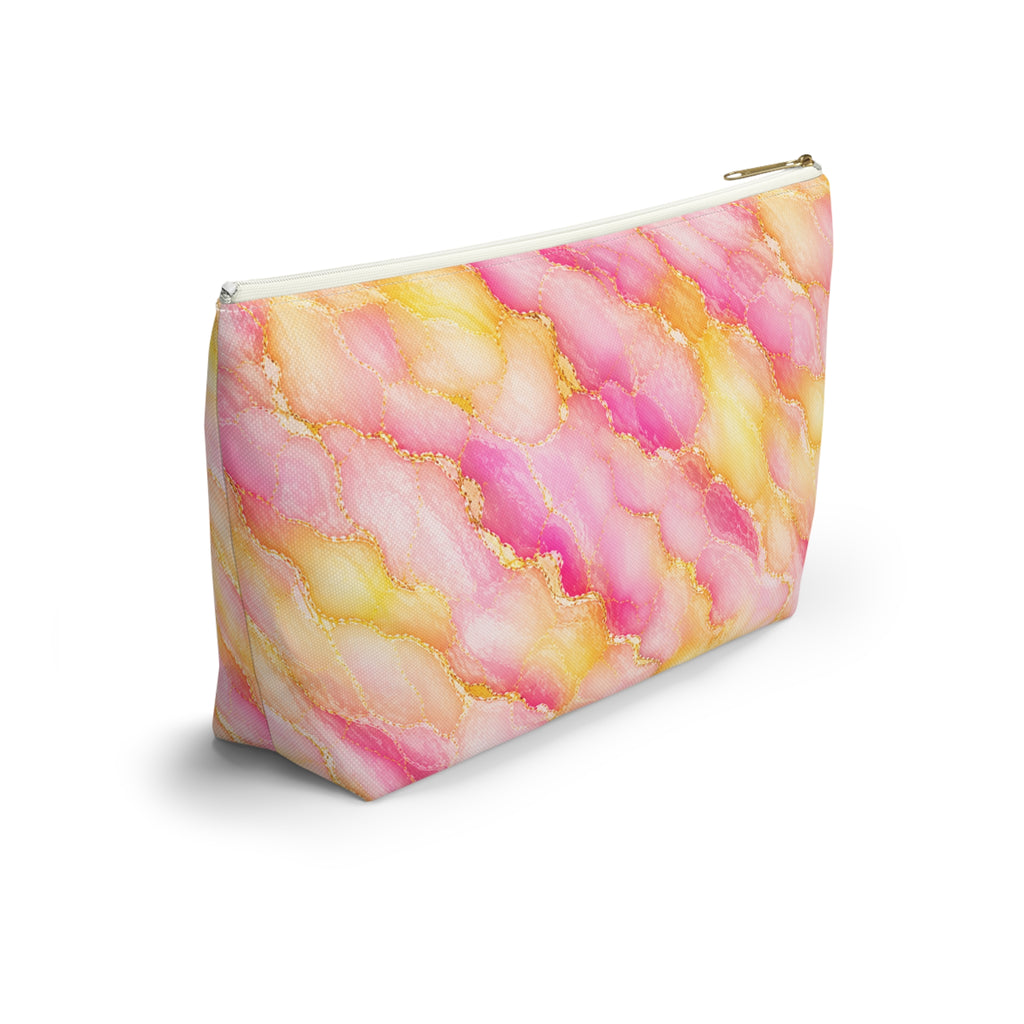 Trousse de Maquillage en Marbre Aquarelle Rose et Or – Sac à Accessoires à Fond Plat