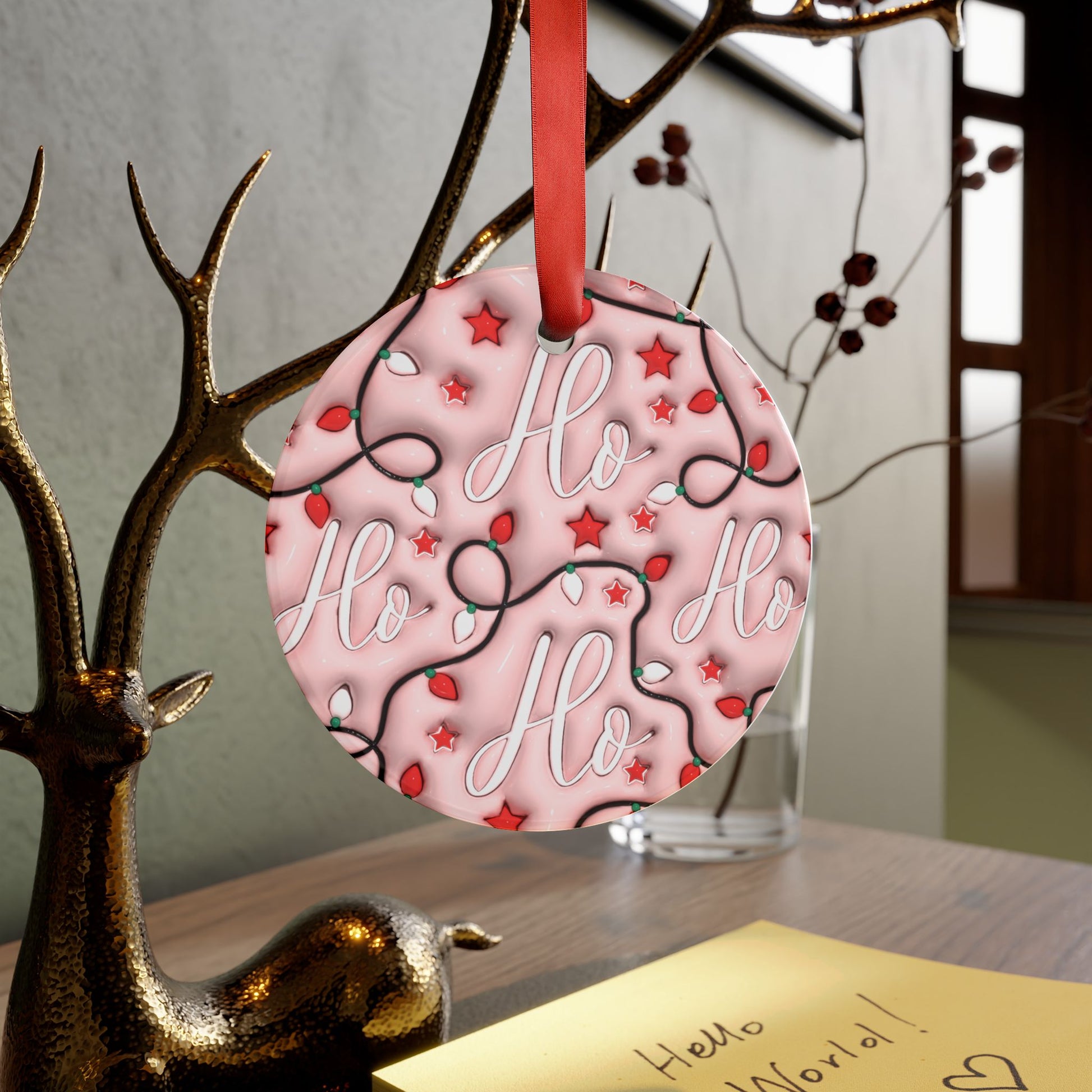 Pink 3D 'Ho Ho Ho' Illusion Ornament with Red Ribbon Festive Holiday Decor, Glossy Finish, 2.9x2.9 Inches, Unique Christmas Tree Accent Gift for Family - MRSBYVALLE