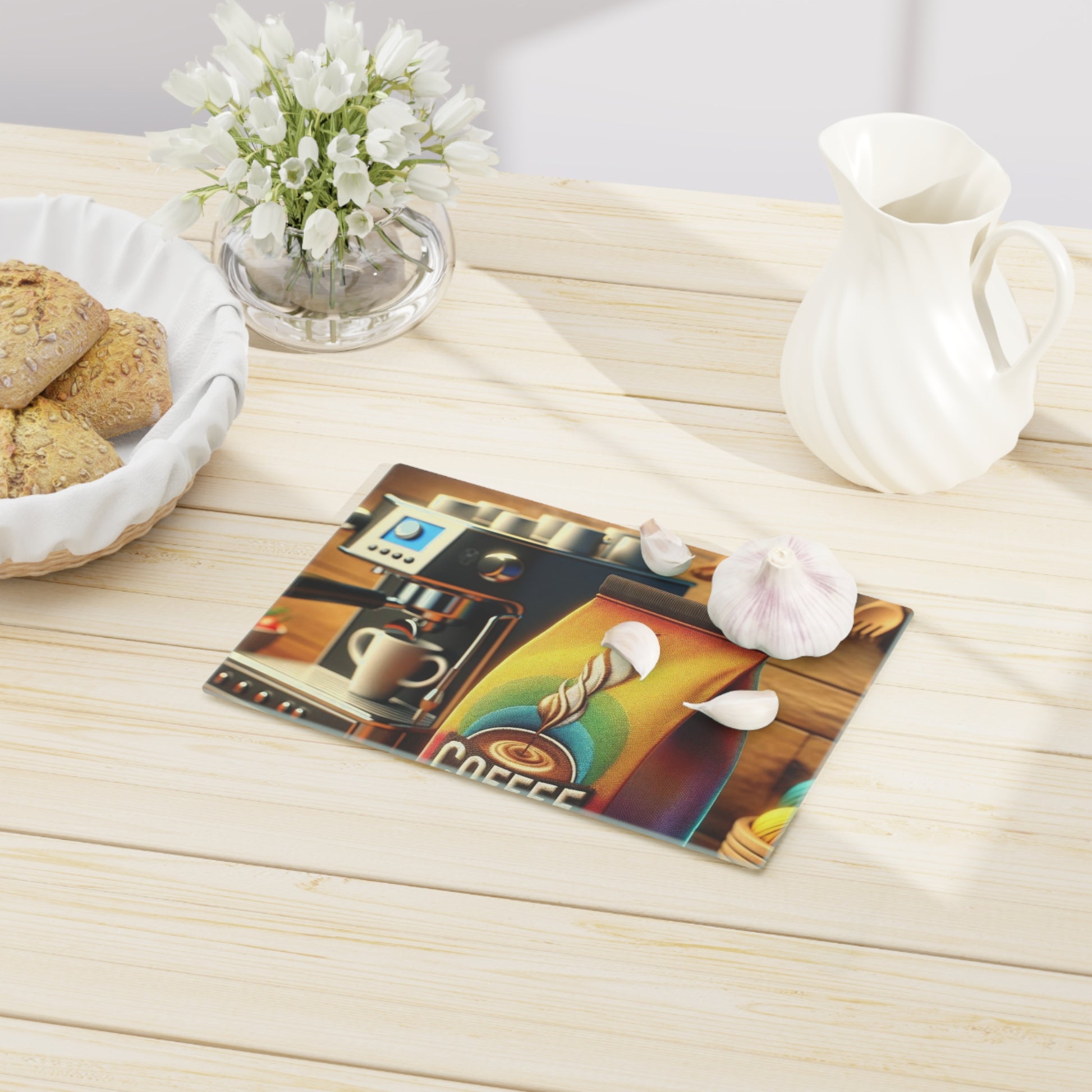 Bright Coffee Design Cutting Board Floral Tempered Glass Cutting Board Durable Kitchen Decor with Elegant Design, Housewarming, New House Gift - MRSBYVALLE