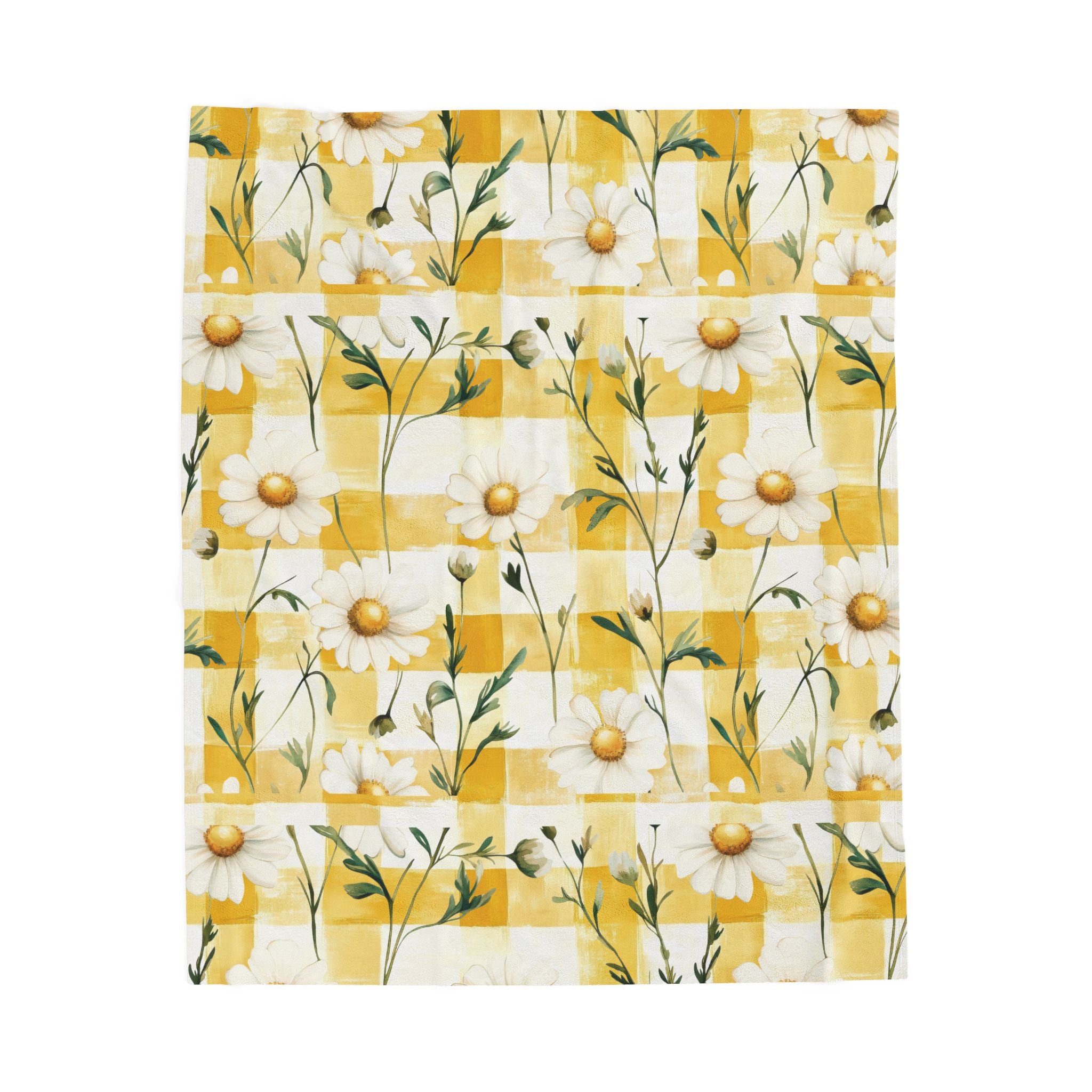 Pastel Yellow Daisy Checker Velveteen Plush Blanket — Spring Floral Cozy Throw