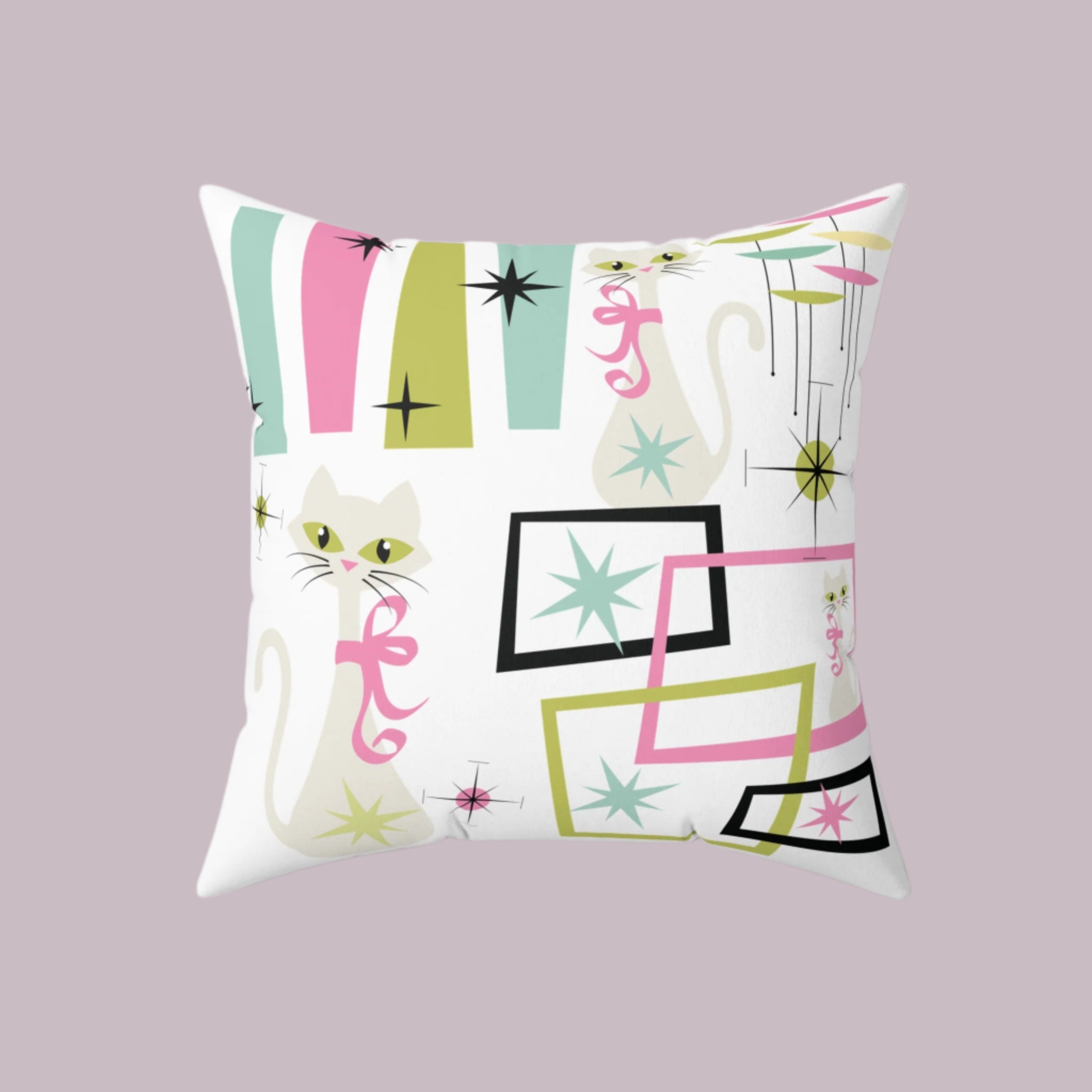 Mid-Century Modern Atomic Kitty Cats Square Pillow – Retro 50s Pastel Design, Vintage-Inspired Home Decor for a Chic & Cozy Touch!  Perfect for Home Decor & Gifting Sofa Decor 100% Polyester with Double-Sided Print