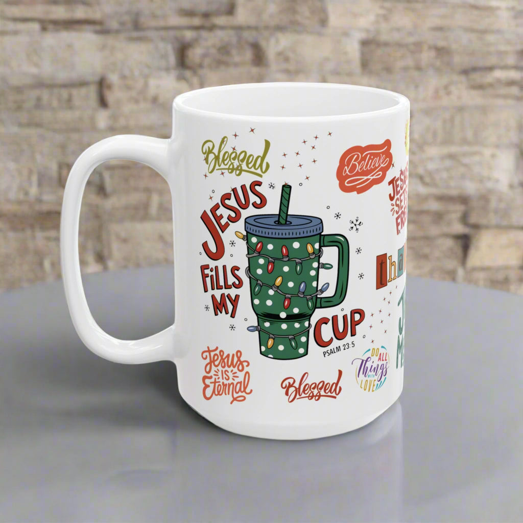 White mug with colorful text and graphics on a white background