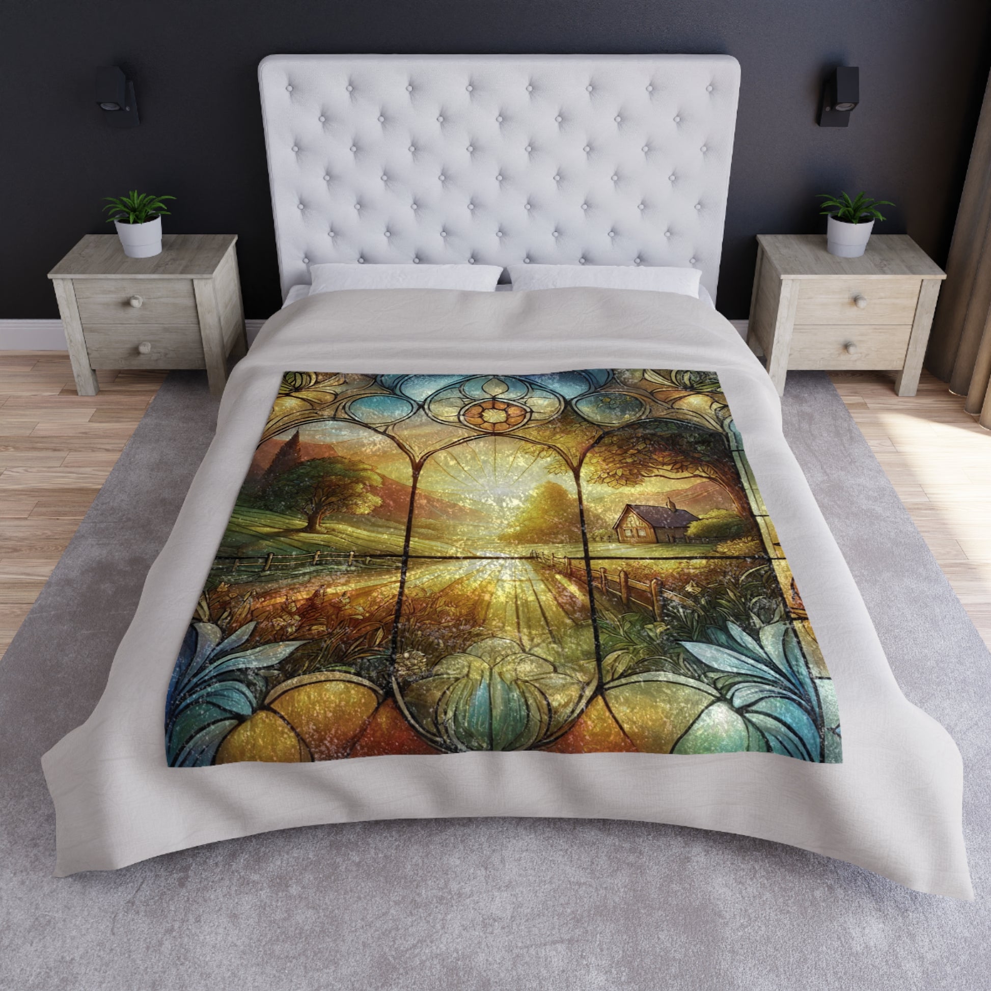 Farmhouse Sunset Crushed Velvet Blanket Cozy 50x60 Inch Country Scene Throw with Stained Glass Illusion | Soft, Luxurious Home Decor for Living Room or Bedroom - MRSBYVALLE