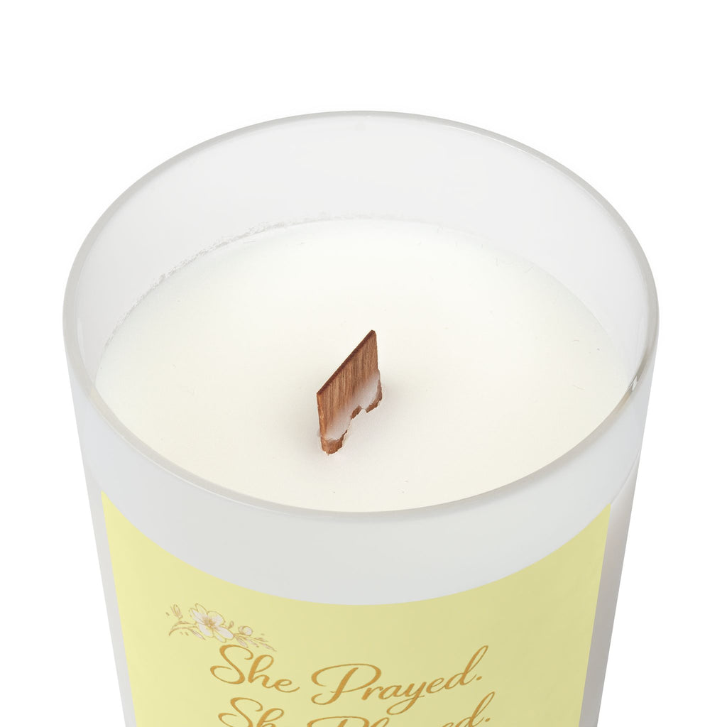 She Prayed She Planned She Bloomed — Inspirational Frosted Glass Candle (11 oz)
