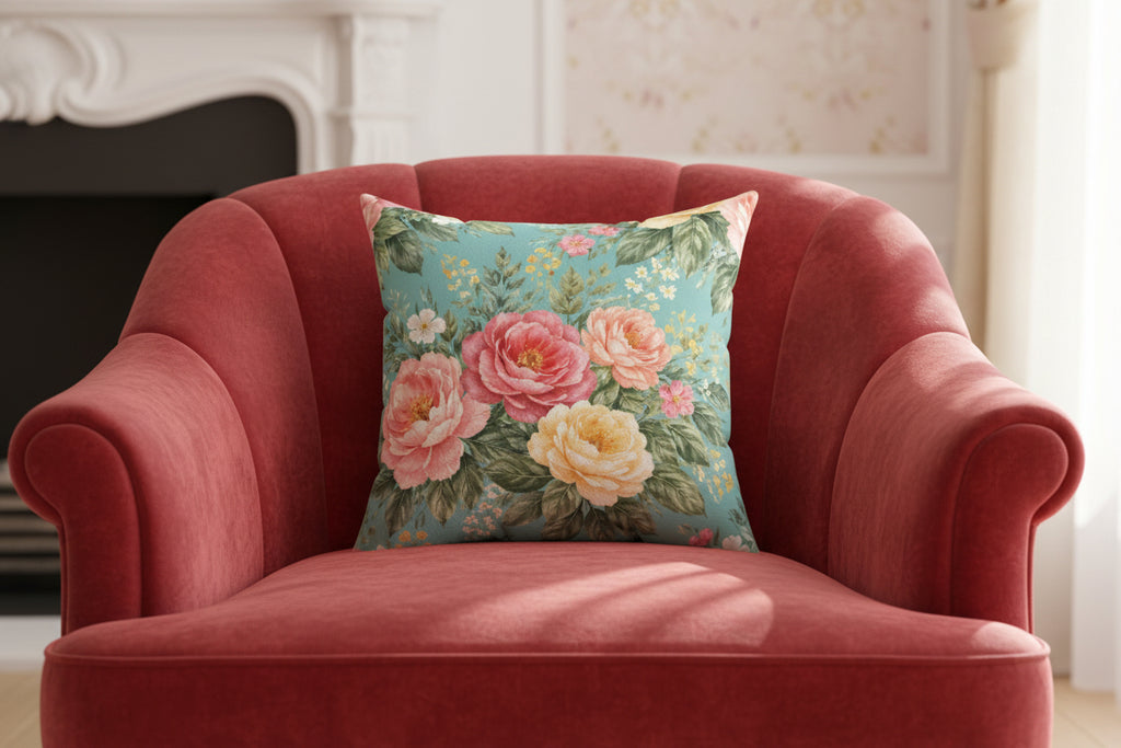 Floral patterned pillow with pink and yellow flowers on a blue background