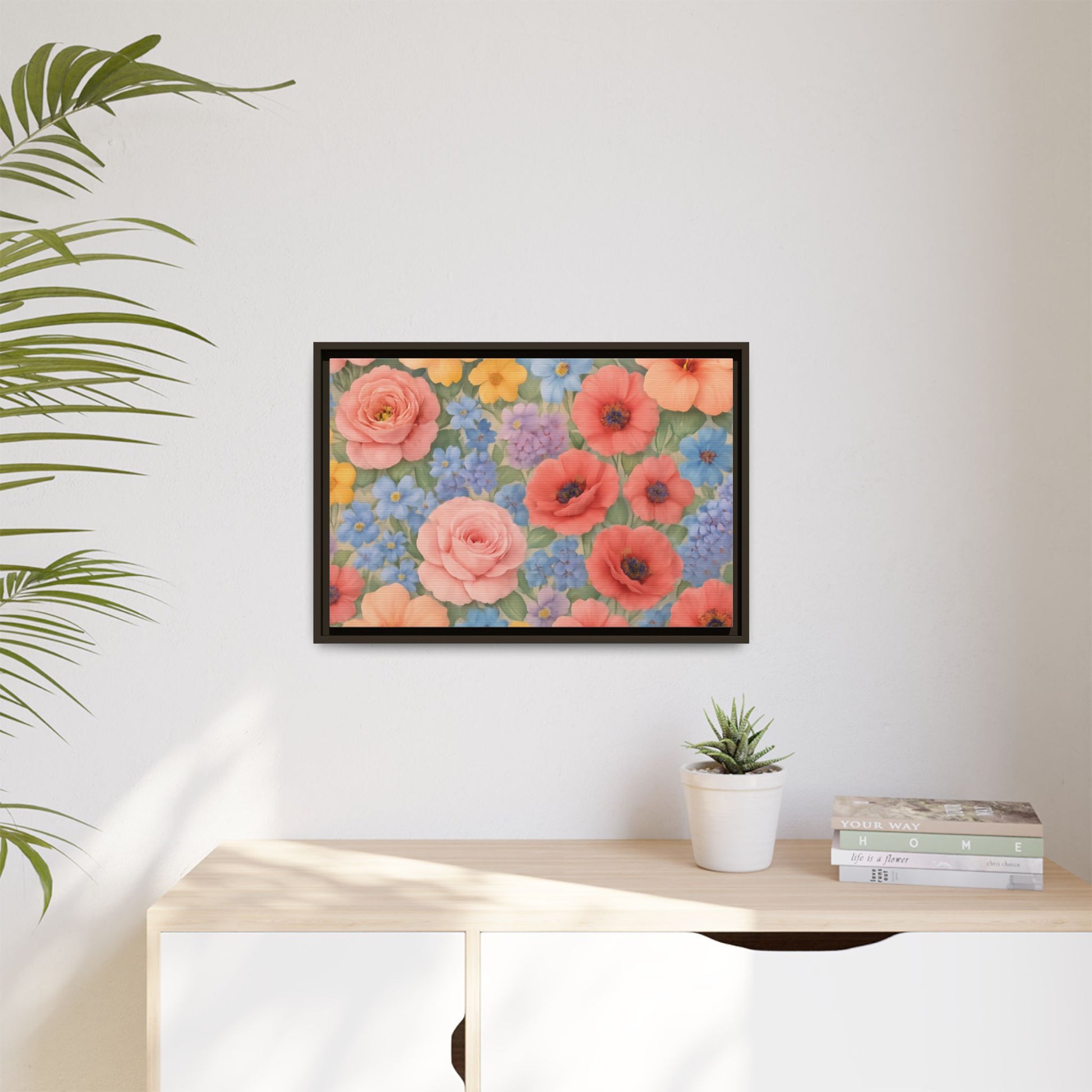 Luxury Framed Floral Canvas – Bold Multi-Color Botanical Wall Art, Elegant Nature-Inspired Accent for Living Room, Bedroom, or Office Décor Gift for Mom